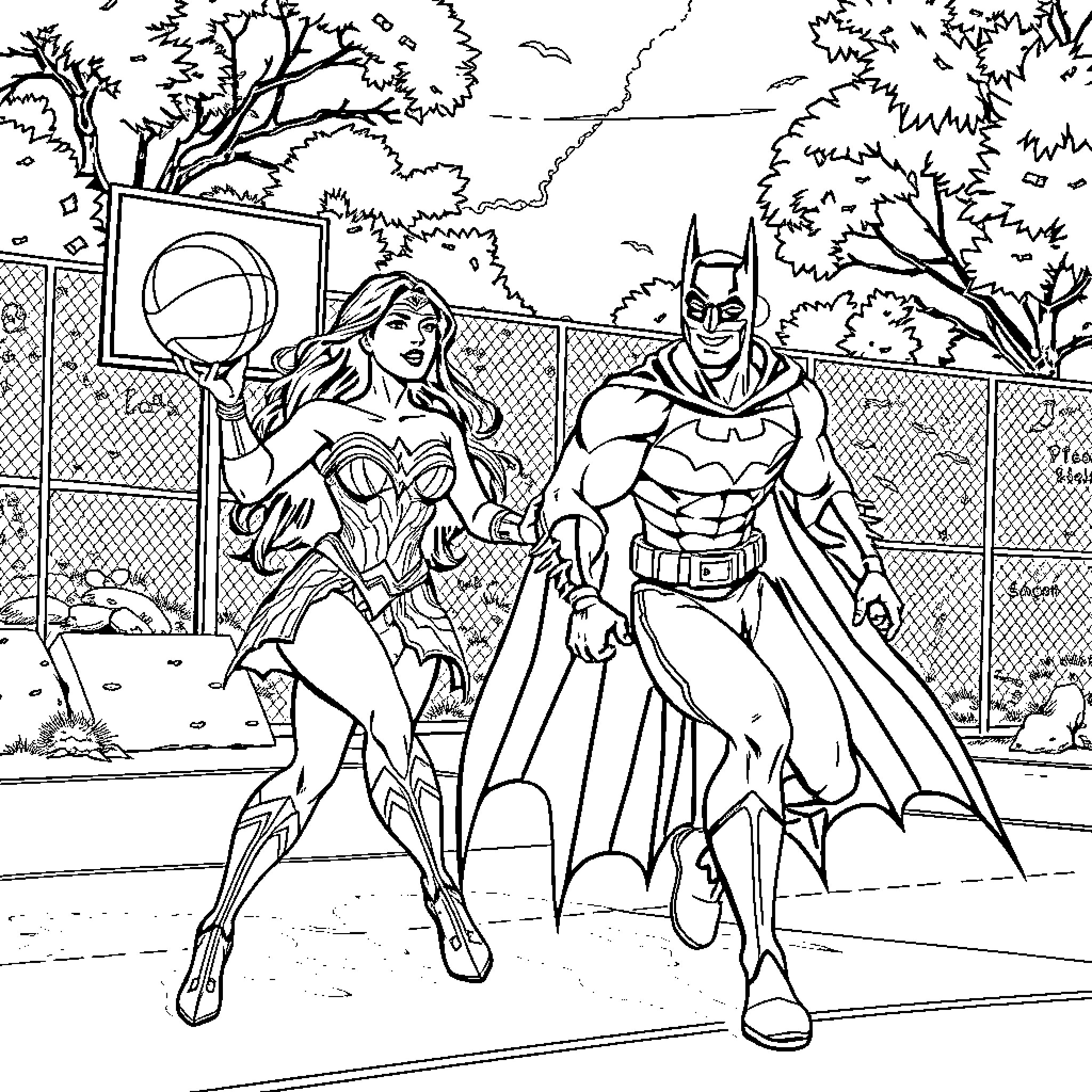 Wonder Woman and Batman in Action Poses Coloring Page (free black-and-white line drawing printable PDF for all, from beginners to advanced learners, including children, teens, adults, and seniors)