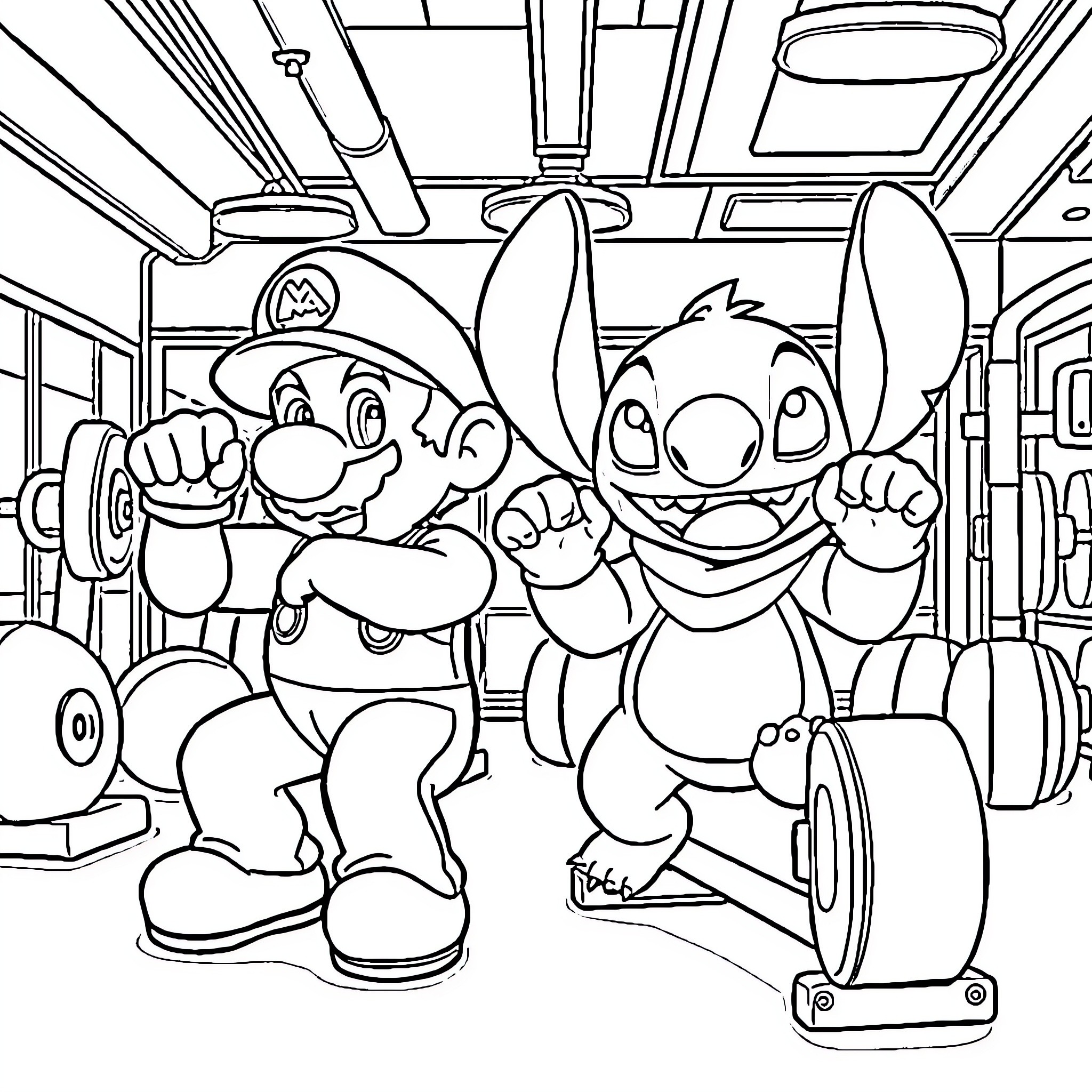 Super Mario and Stitch Explore the City Coloring Page (free black-and-white line drawing printable PDF for all, from beginners to advanced learners, including children, teens, adults, and seniors)