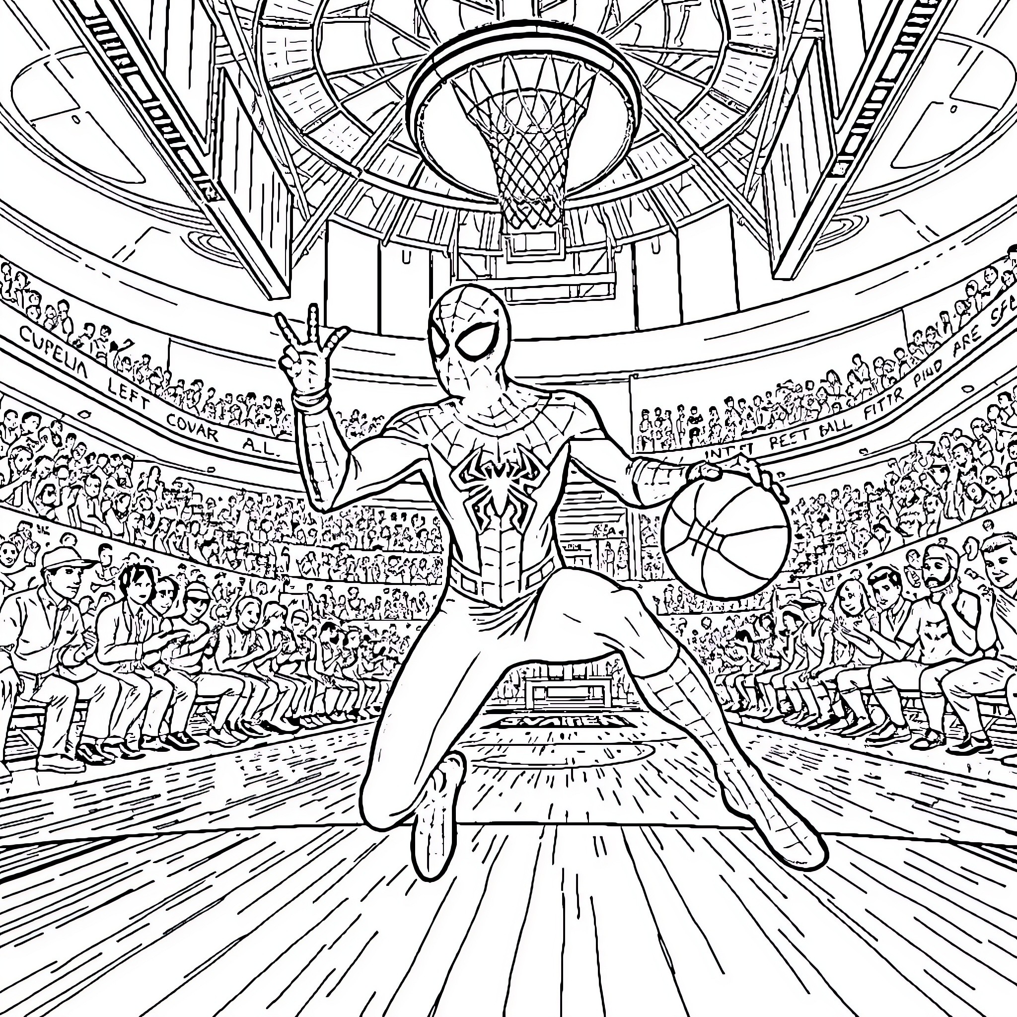 Spiderman Soaring Through Basketball Arena Coloring Page (free black-and-white line drawing printable PDF for all, from beginners to advanced learners, including children, teens, adults, and seniors)