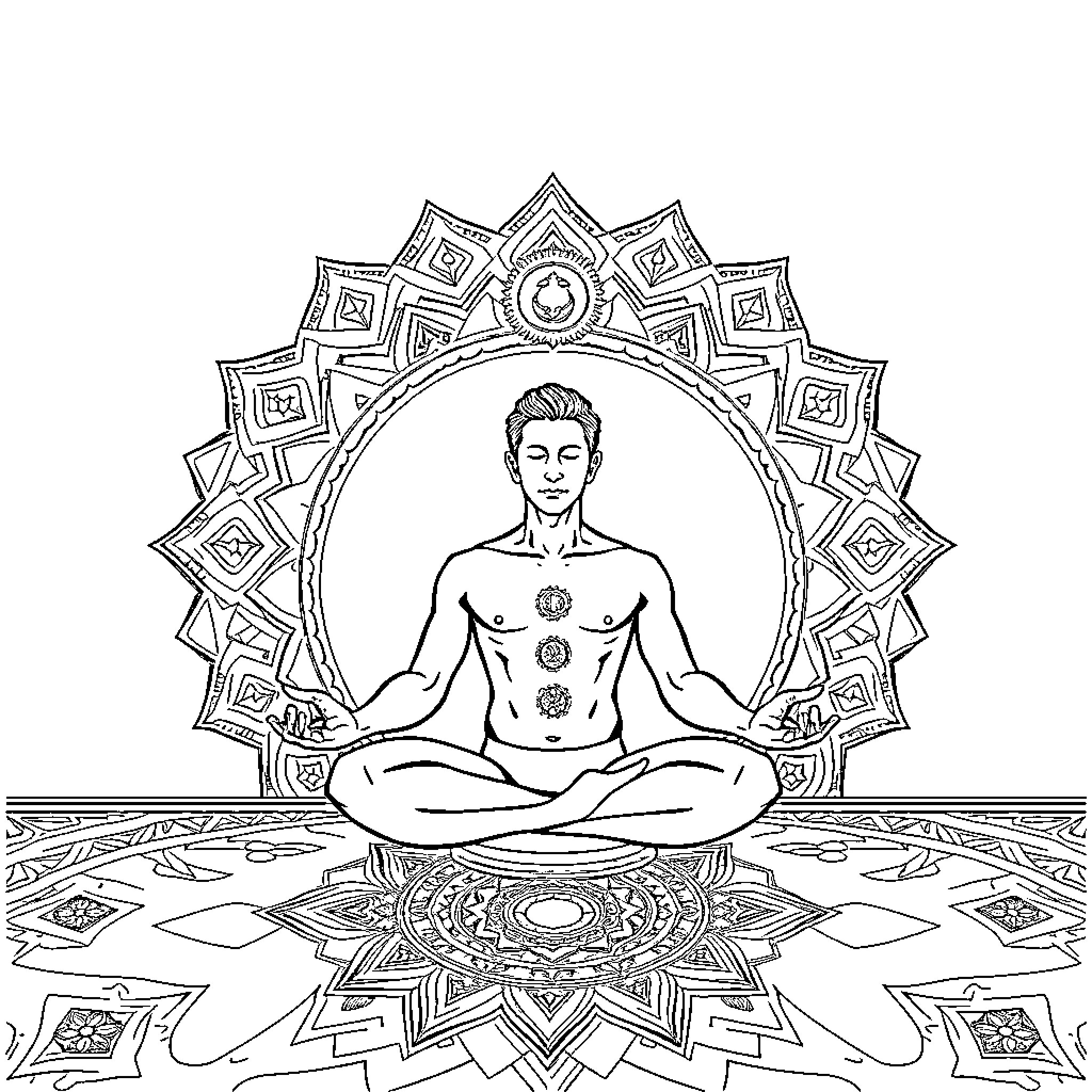 Male Figure Meditating in Ornate Spiritual Setting Coloring Page (free black-and-white line drawing printable PDF for all, from beginners to advanced learners, including children, teens, adults, and seniors)