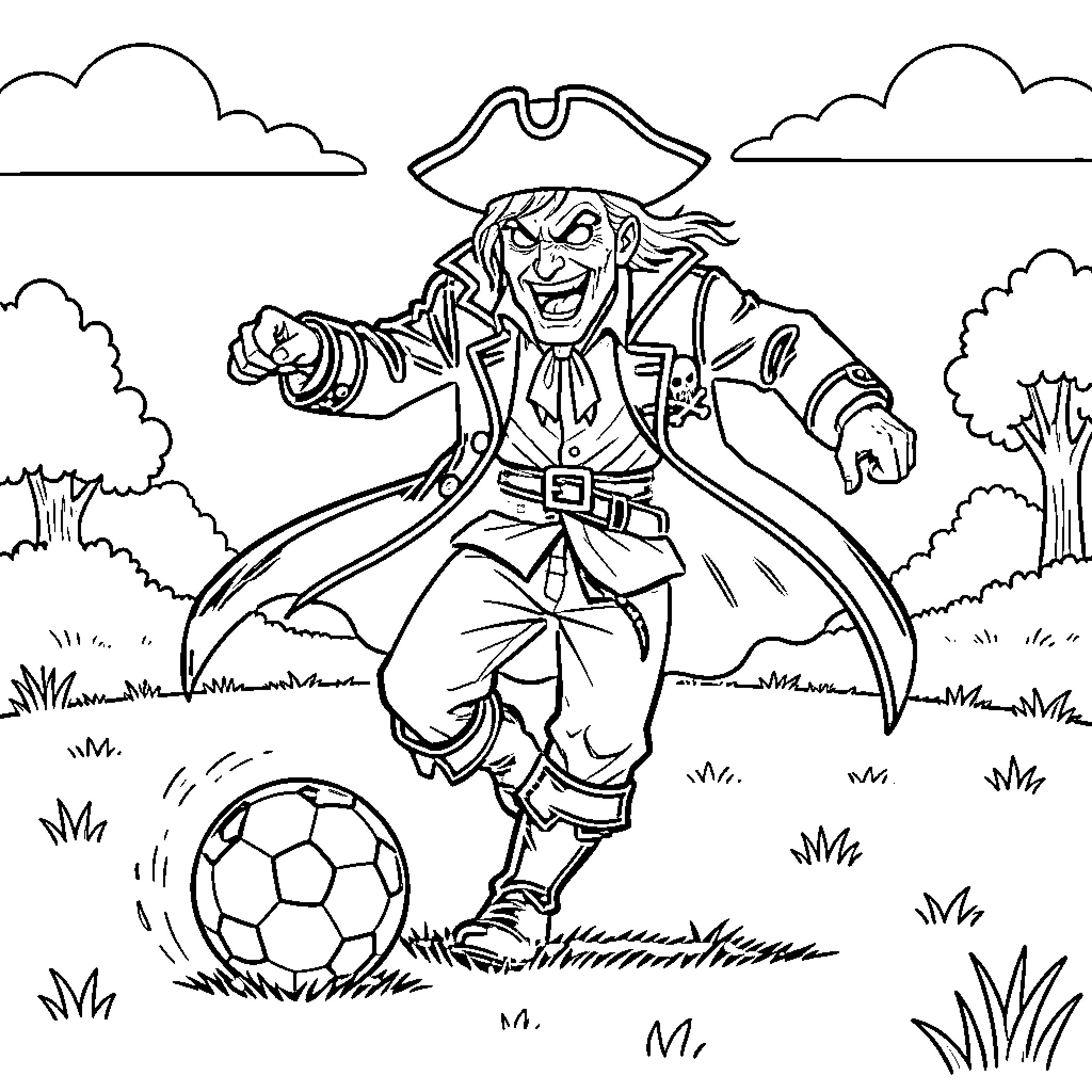 Vampire pirate enthusiastically kicking a soccer ball Coloring Page (free black-and-white line drawing printable PDF for all, from beginners to advanced learners, including children, teens, adults, and seniors)