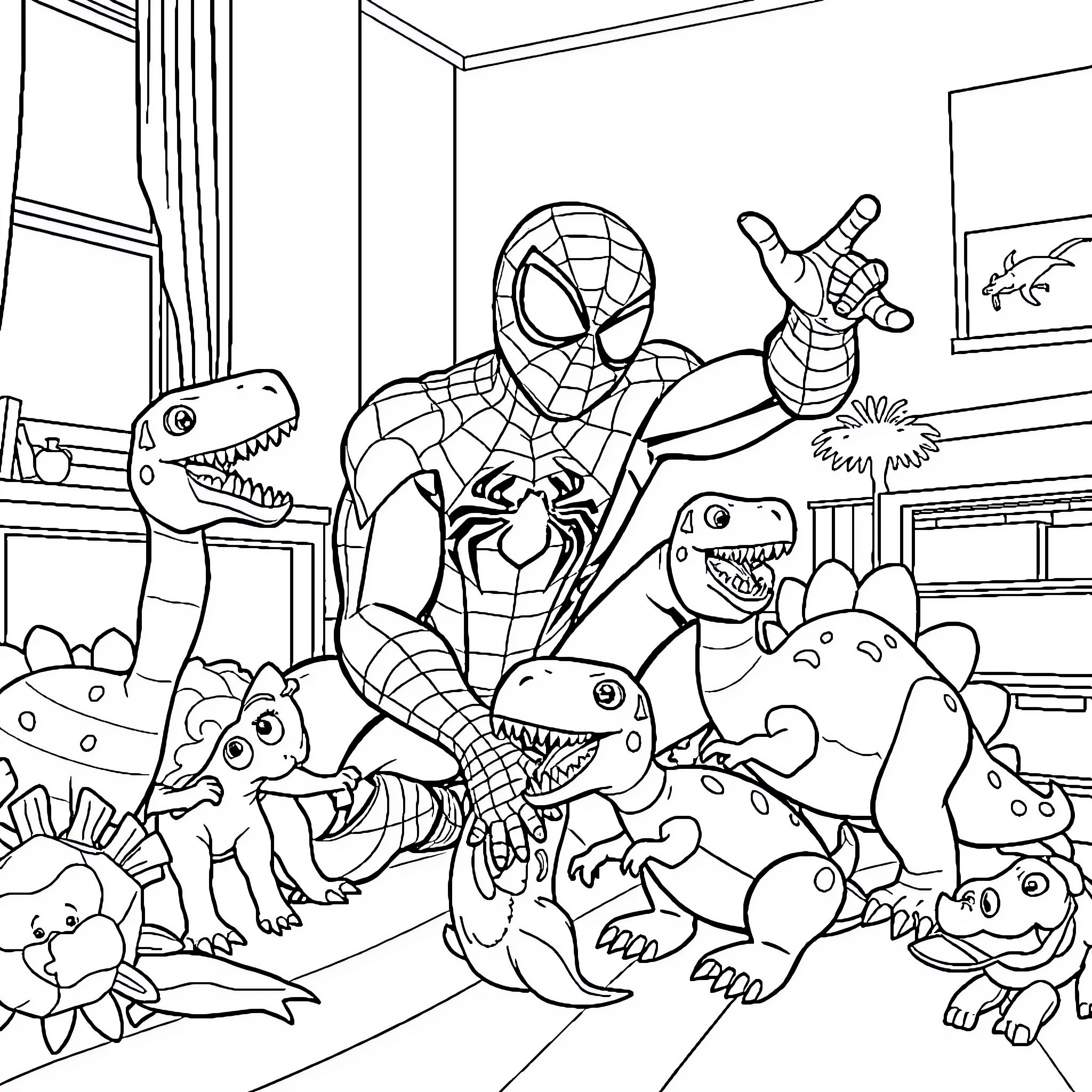 Spiderman battles dinosaurs and other creatures in a room Coloring Page (free black-and-white line drawing printable PDF for all, from beginners to advanced learners, including children, teens, adults, and seniors)