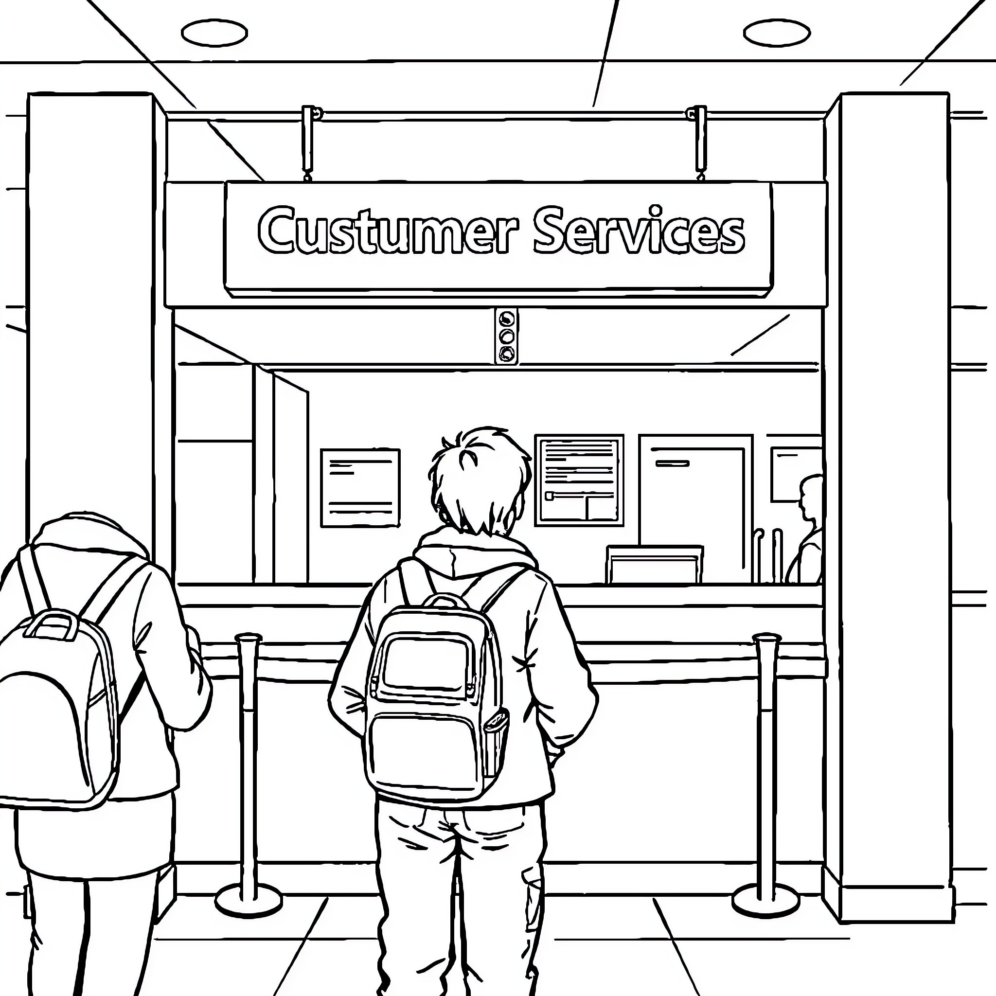 Person standing in front of customer services office Coloring Page (free black-and-white line drawing printable PDF for all, from beginners to advanced learners, including children, teens, adults, and seniors)