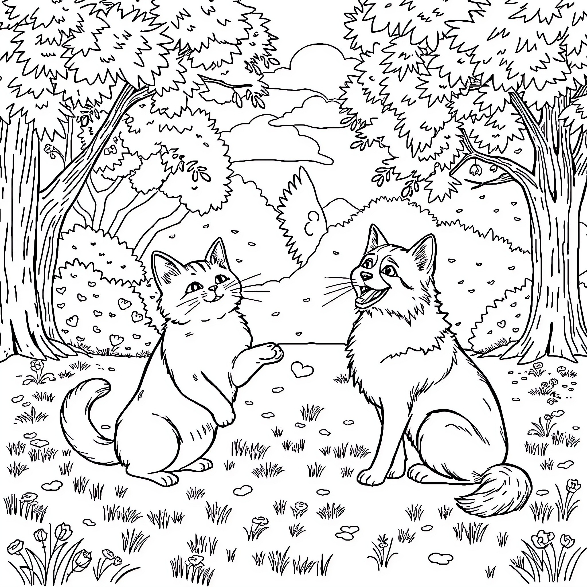 Cat Friends Explore Enchanted Forest Coloring Page (free black-and-white line drawing printable PDF for all, from beginners to advanced learners, including children, teens, adults, and seniors)