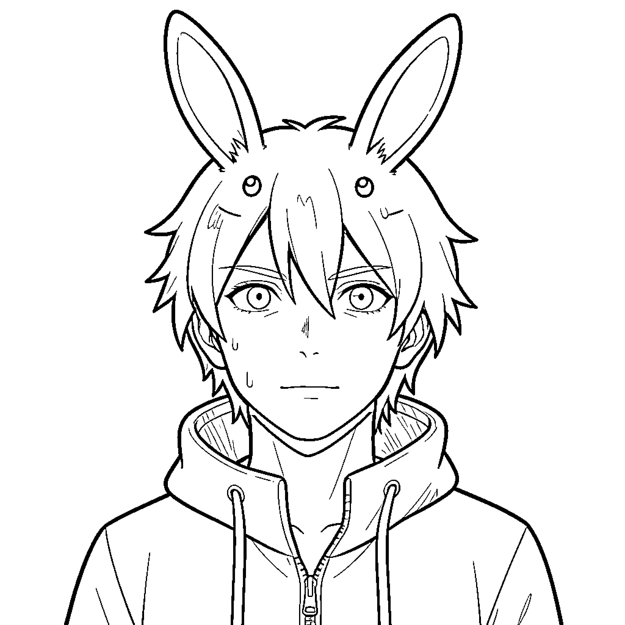 Eren Yeager with determined expression and bunny-like ears Coloring Page (free black-and-white line drawing printable PDF for all, from beginners to advanced learners, including children, teens, adults, and seniors)
