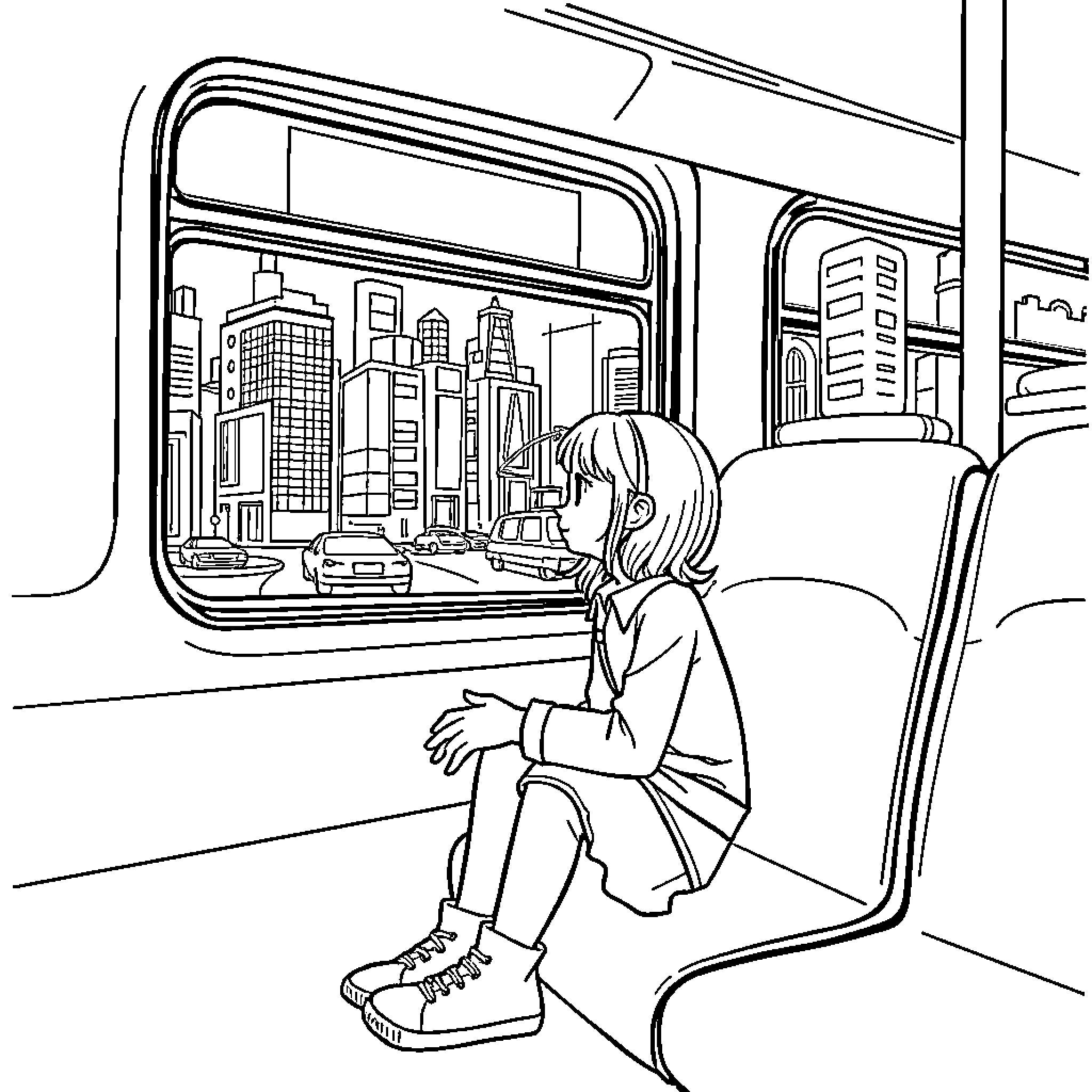 Gabby's journey through the city on the train Coloring Page (free black-and-white line drawing printable PDF for all, from beginners to advanced learners, including children, teens, adults, and seniors)
