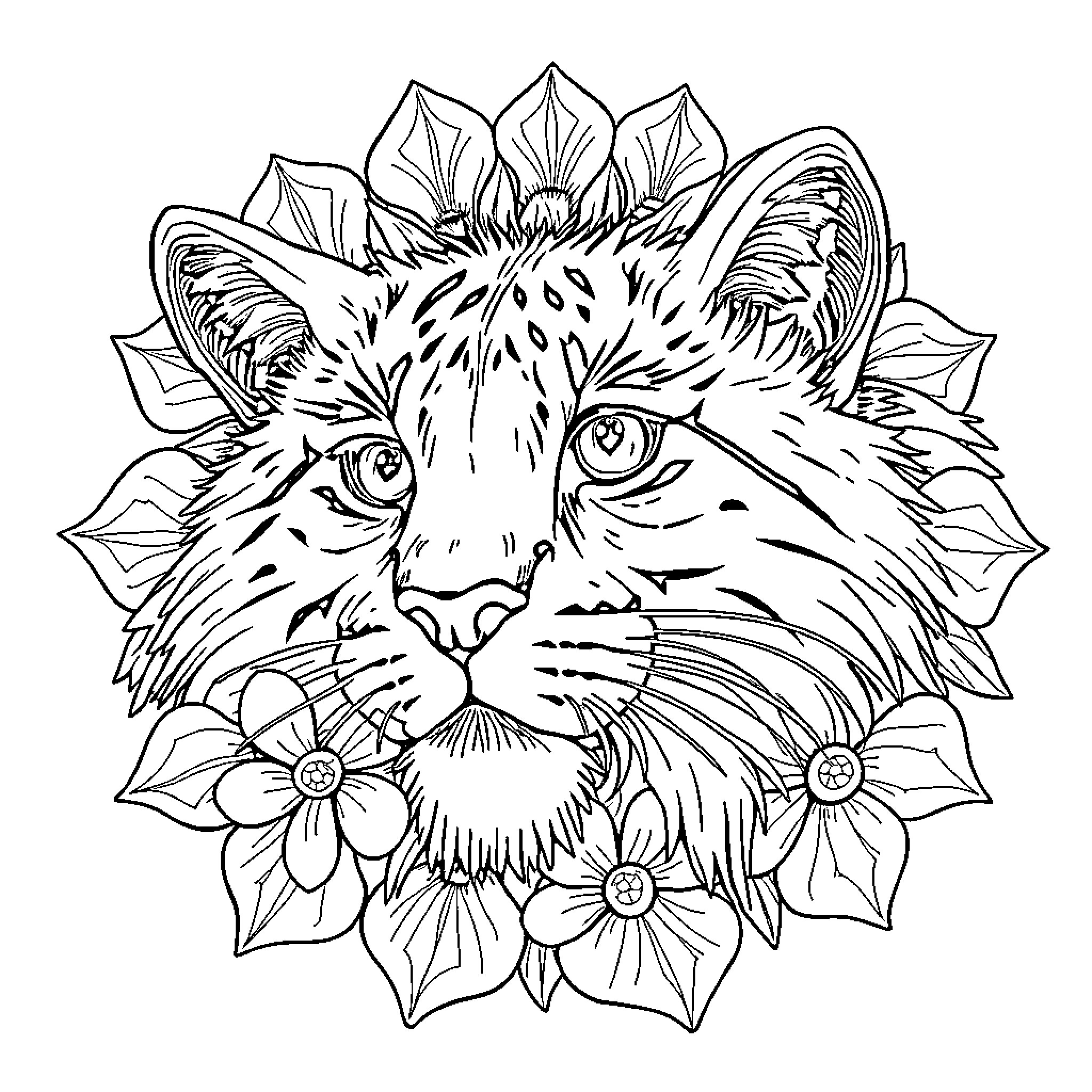 Noah's Ark: Feline Floral Sanctuary Coloring Page (free black-and-white line drawing printable PDF for all, from beginners to advanced learners, including children, teens, adults, and seniors)