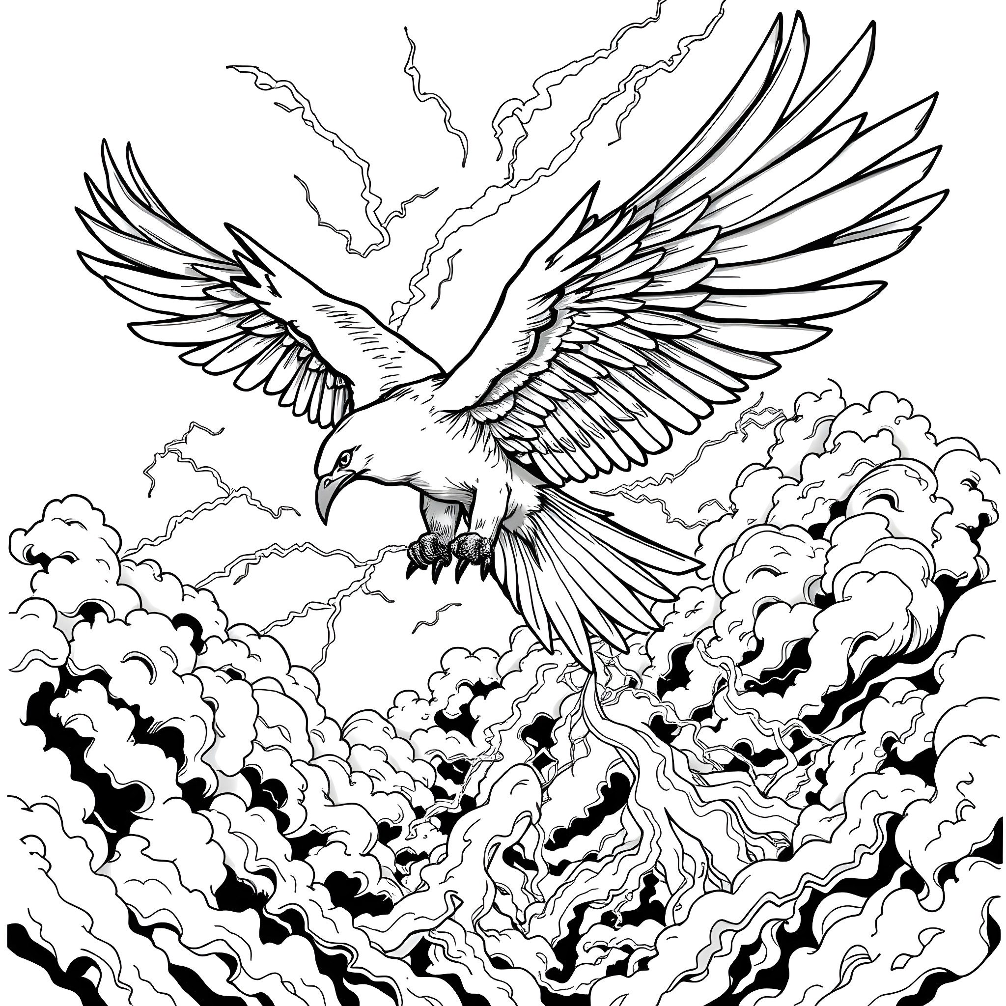 Thunderbird Soaring Amidst Stormy Skies Coloring Page (free black-and-white line drawing printable PDF for all, from beginners to advanced learners, including children, teens, adults, and seniors)