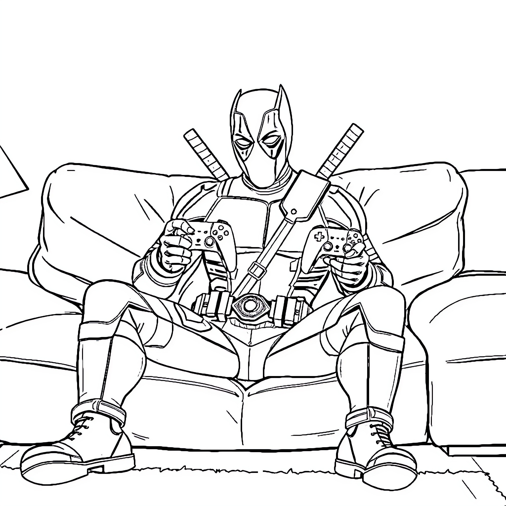 Deadpool enjoying video games on the couch Coloring Page (free black-and-white line drawing printable PDF for all, from beginners to advanced learners, including children, teens, adults, and seniors)