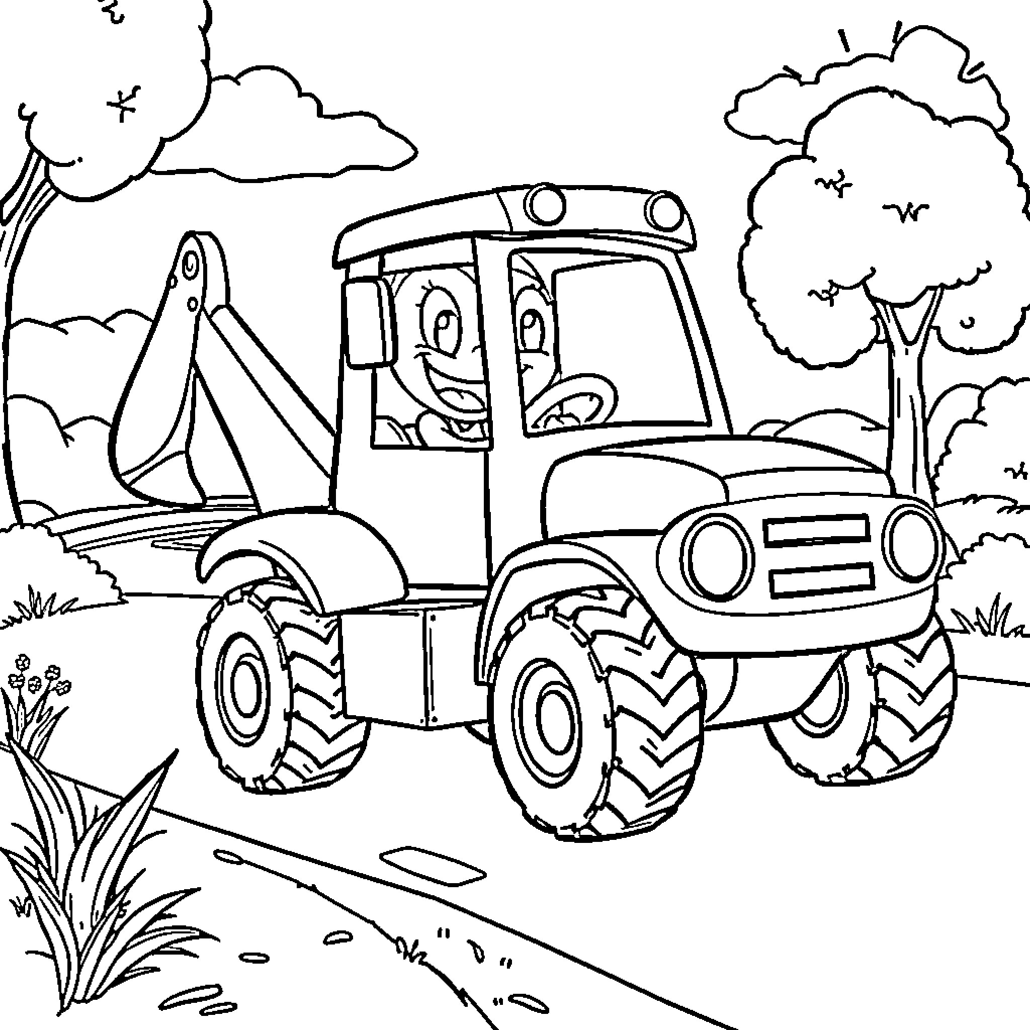 Digger vehicle operating happily in natural environment Coloring Page (free black-and-white line drawing printable PDF for all, from beginners to advanced learners, including children, teens, adults, and seniors)