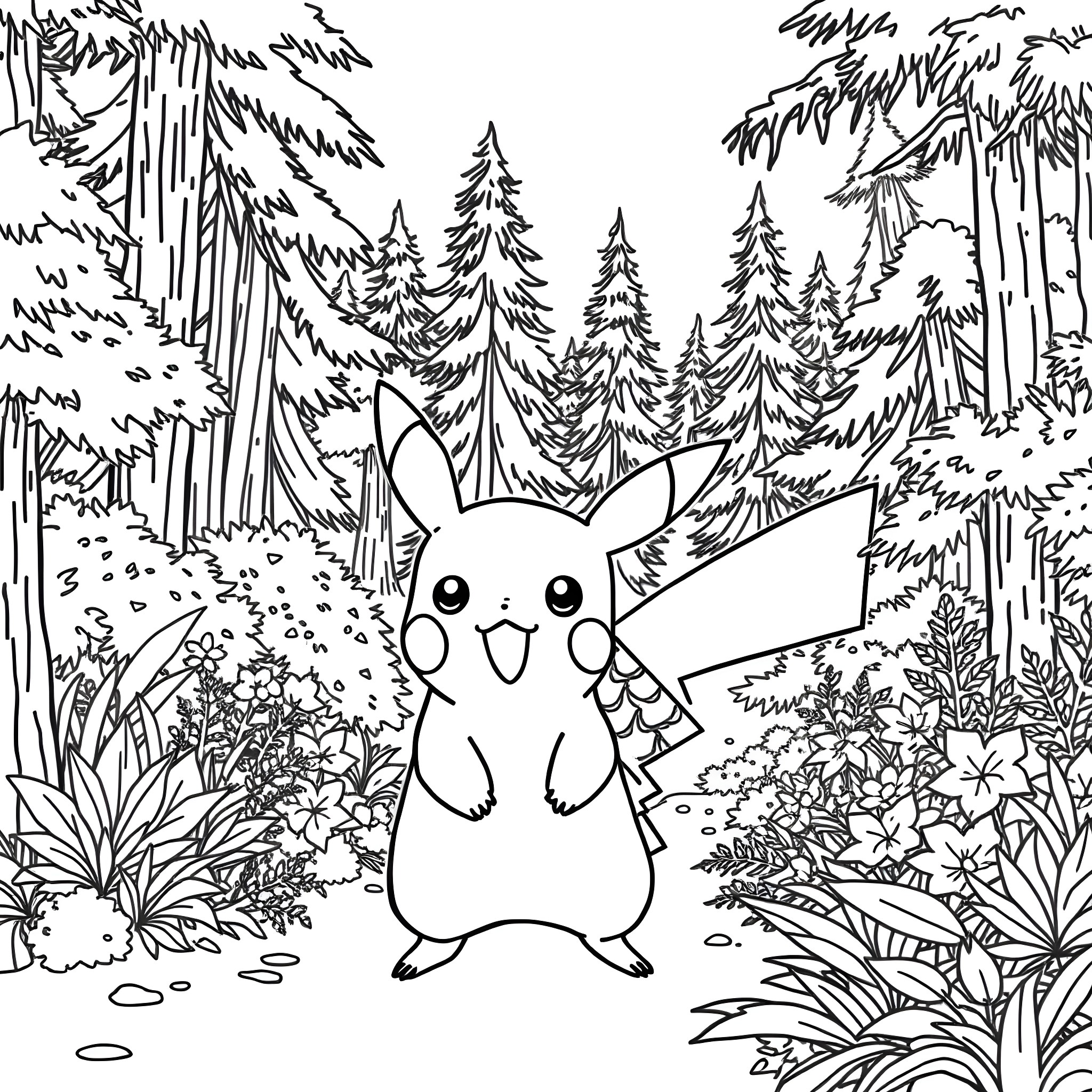 Pikachu exploring the enchanted forest Coloring Page (free black-and-white line drawing printable PDF for all, from beginners to advanced learners, including children, teens, adults, and seniors)