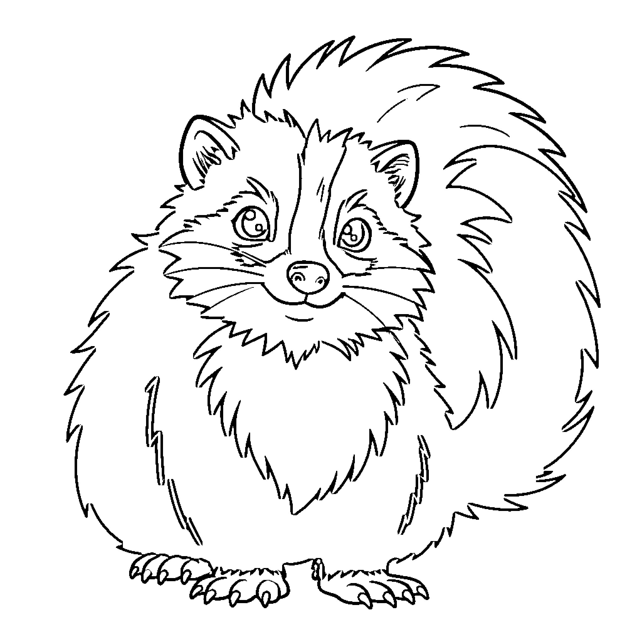 Skunk with fluffy fur and curious expression Coloring Page (free black-and-white line drawing printable PDF for all, from beginners to advanced learners, including children, teens, adults, and seniors)