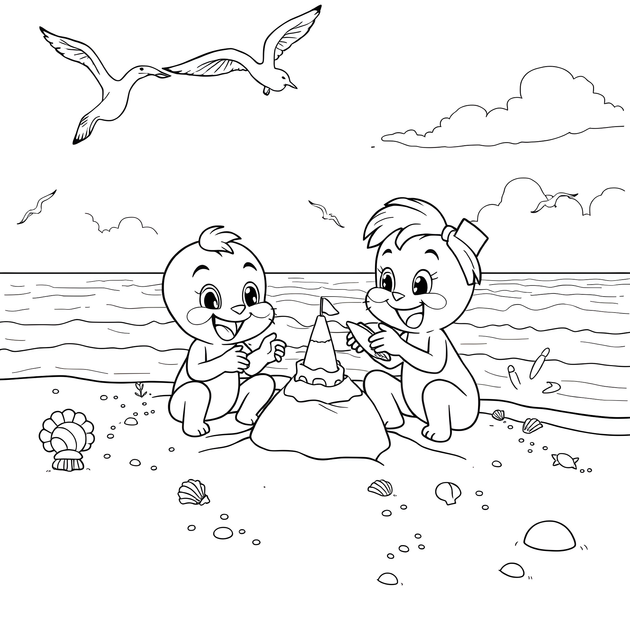 Bluey and Bingo playing on the beach Coloring Page (free black-and-white line drawing printable PDF for all, from beginners to advanced learners, including children, teens, adults, and seniors)