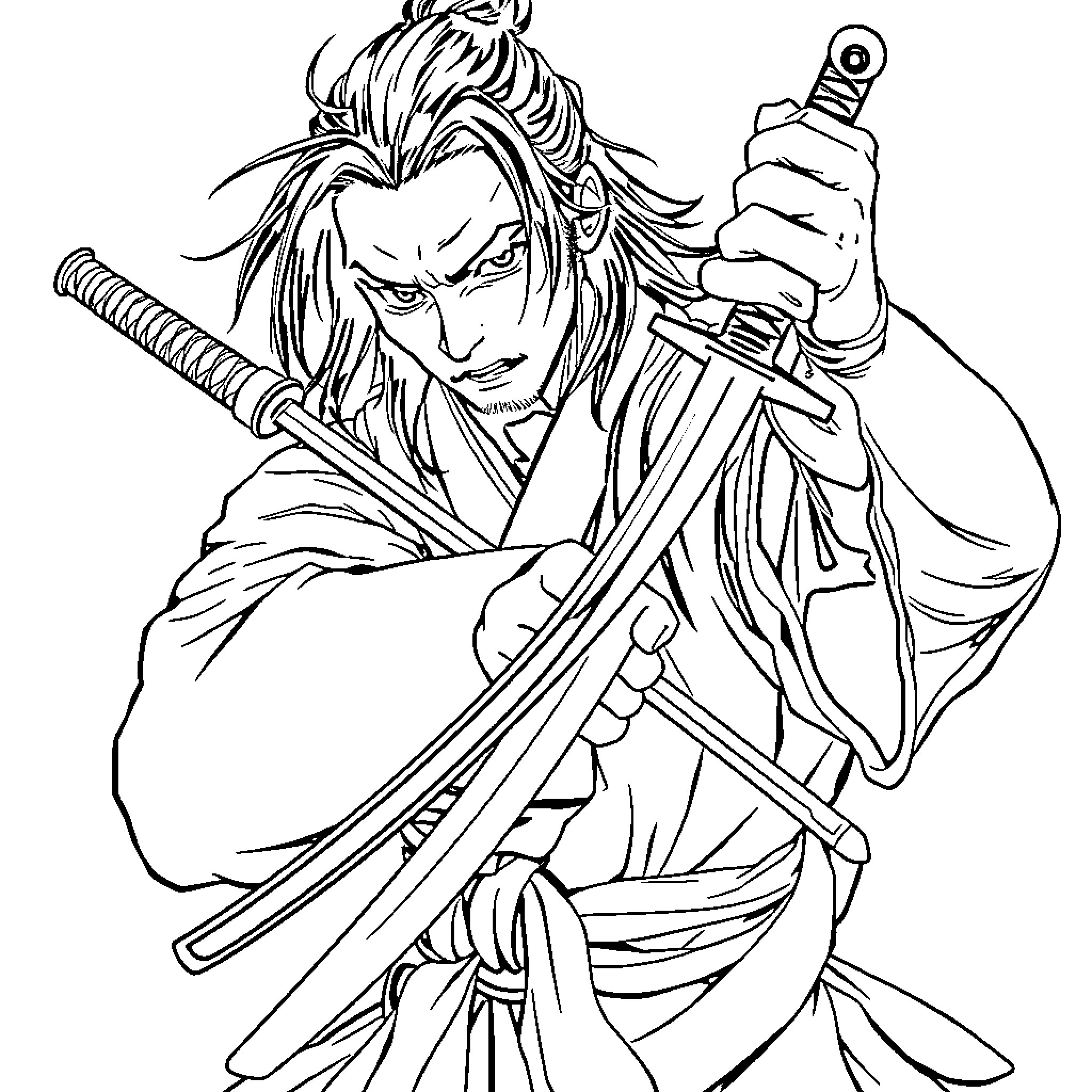 Kenshin wielding dual swords with intense expression Coloring Page (free black-and-white line drawing printable PDF for all, from beginners to advanced learners, including children, teens, adults, and seniors)