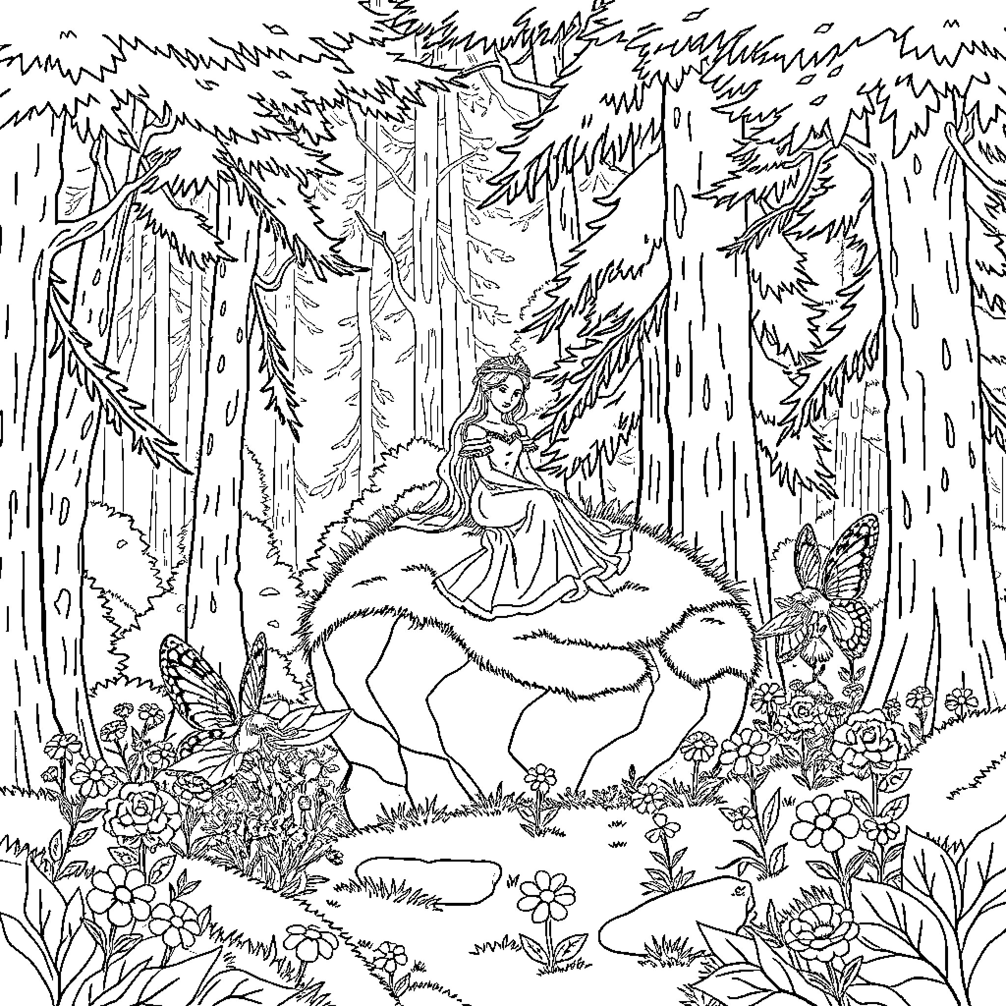 Princess in the enchanted forest Coloring Page (free black-and-white line drawing printable PDF for all, from beginners to advanced learners, including children, teens, adults, and seniors)