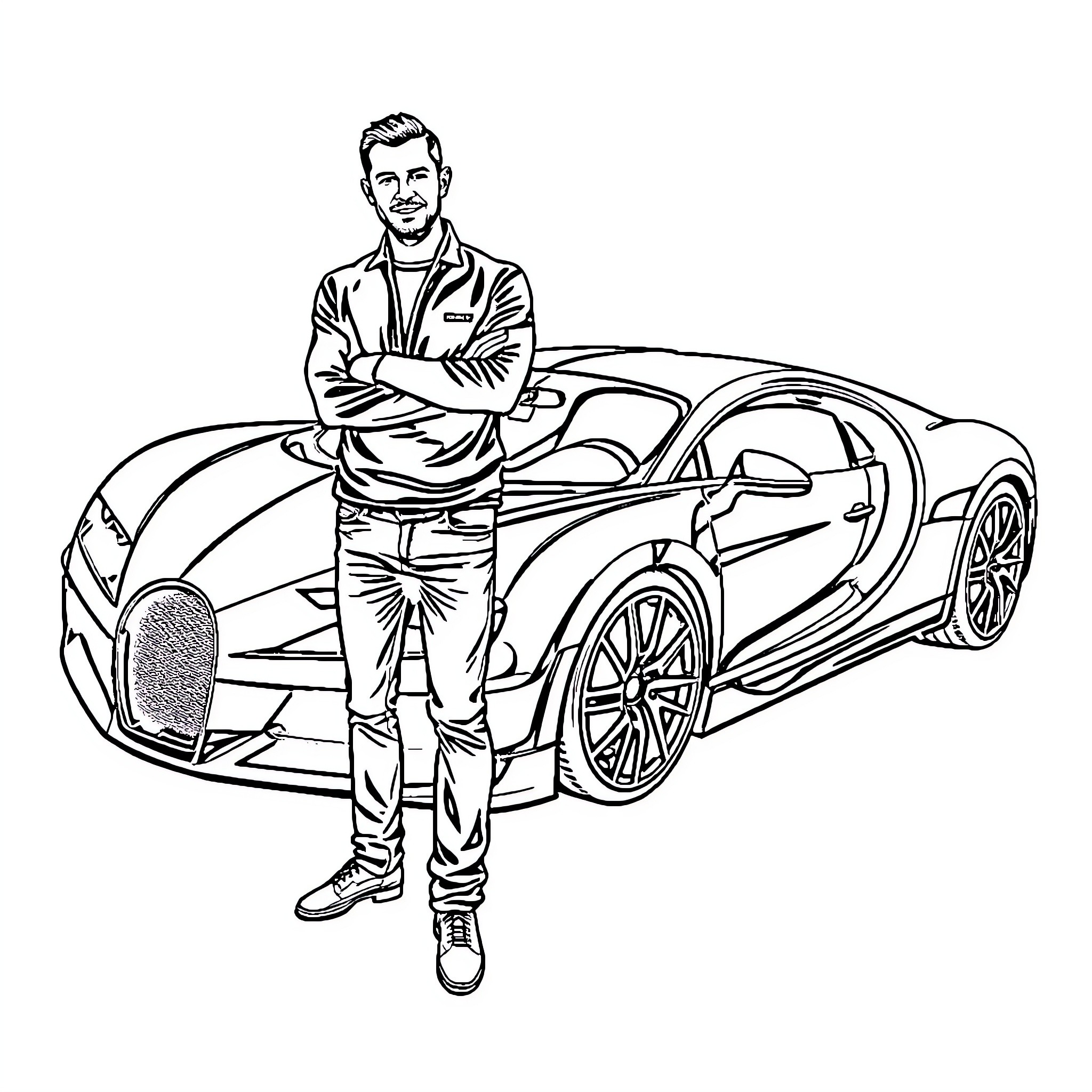 Andrew Tate poses confidently next to a sports car Coloring Page (free black-and-white line drawing printable PDF for all, from beginners to advanced learners, including children, teens, adults, and seniors)