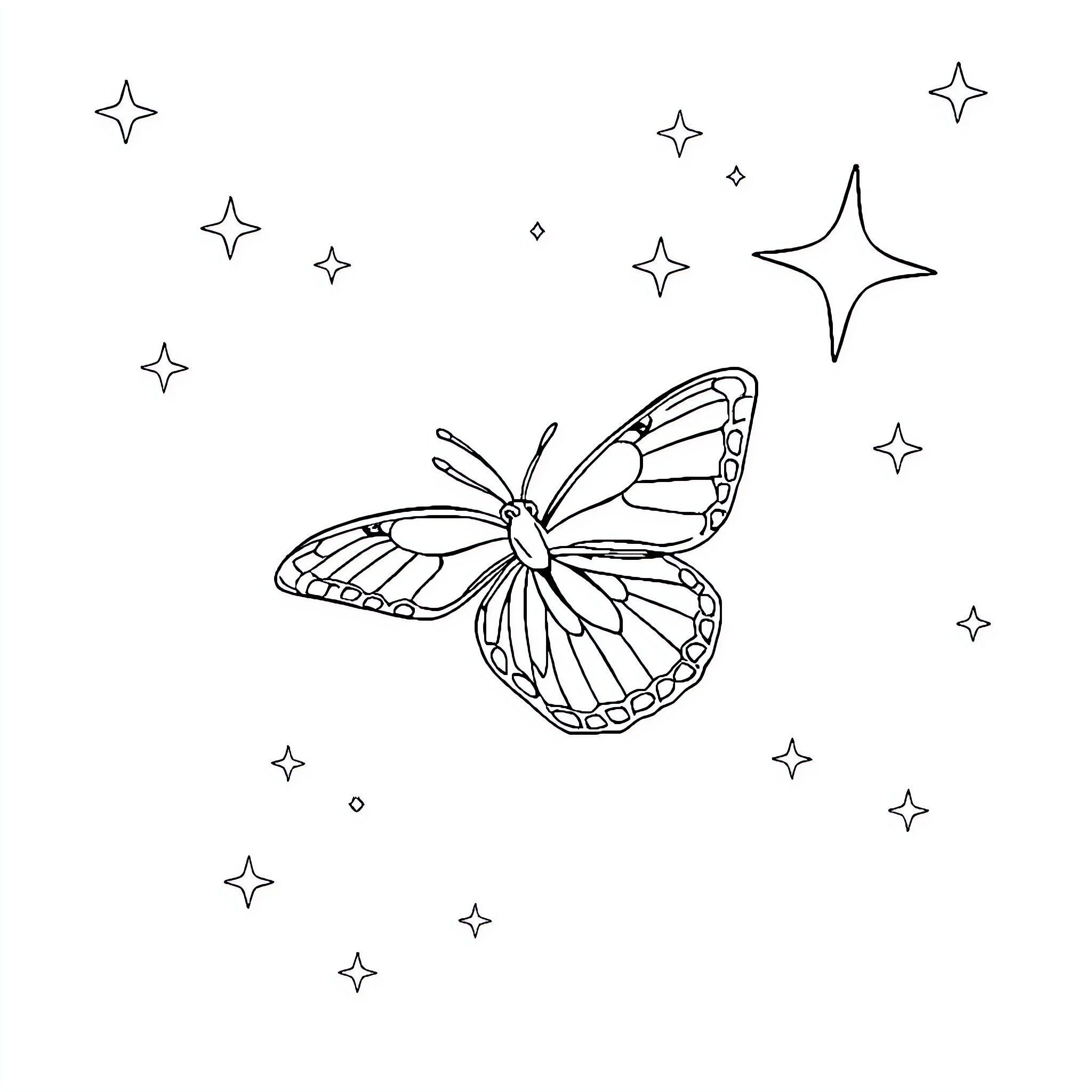 Butterfly floating amidst twinkling stars Coloring Page (free black-and-white line drawing printable PDF for all, from beginners to advanced learners, including children, teens, adults, and seniors)