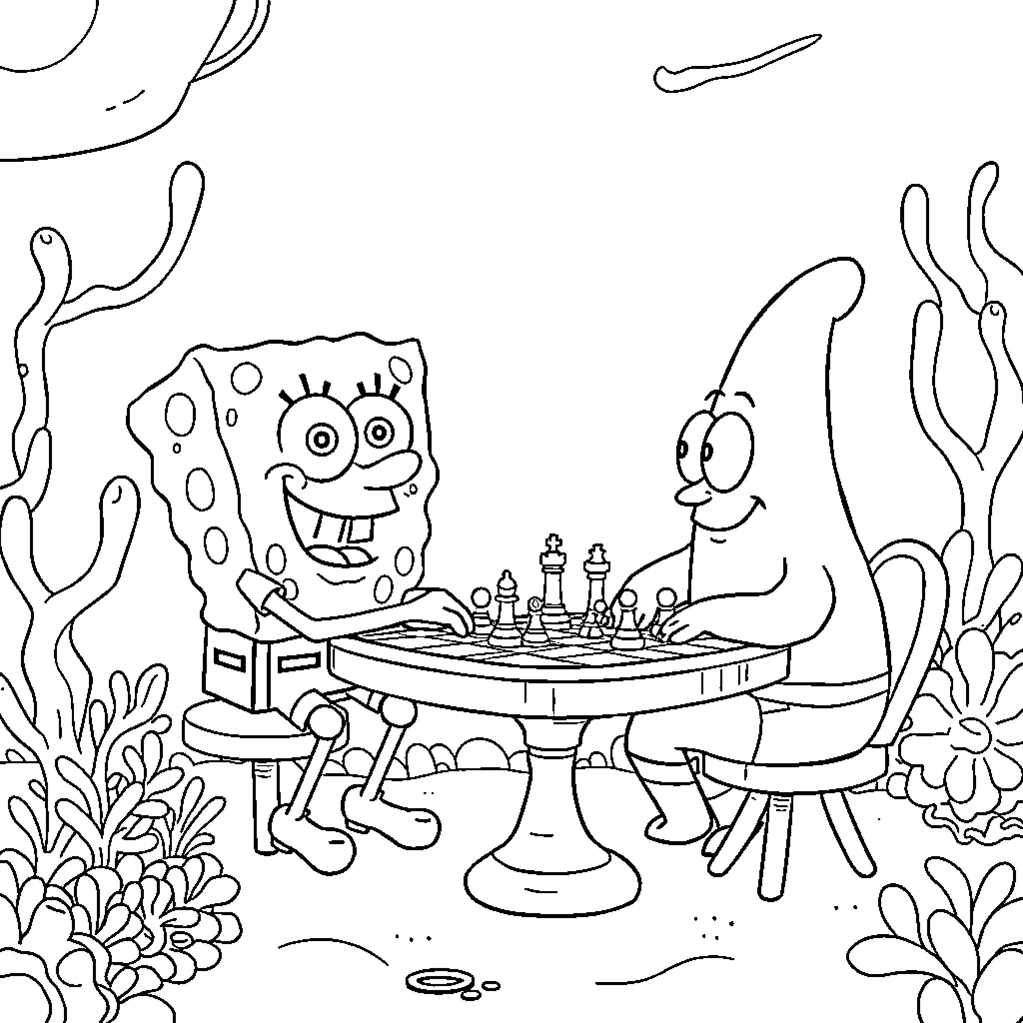 Spongebob and Patrick playing a board game underwater Coloring Page (free black-and-white line drawing printable PDF for all, from beginners to advanced learners, including children, teens, adults, and seniors)