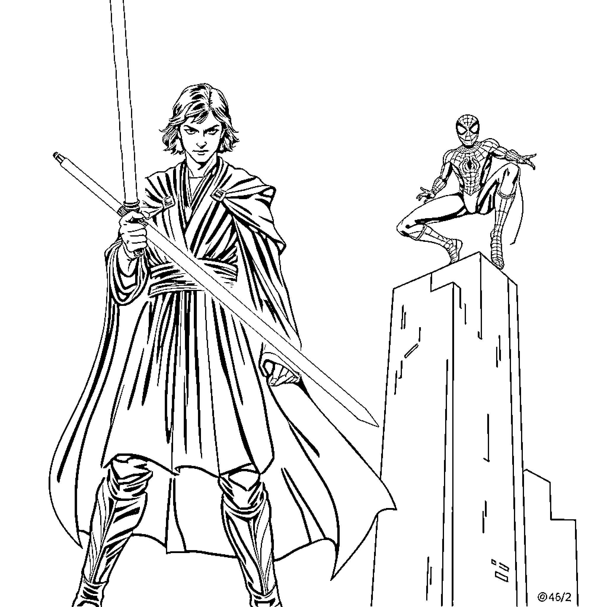 Anakin Skywalker's Heroic Stance and Spiderman's Rooftop Pose Coloring Page (free black-and-white line drawing printable PDF for all, from beginners to advanced learners, including children, teens, adults, and seniors)