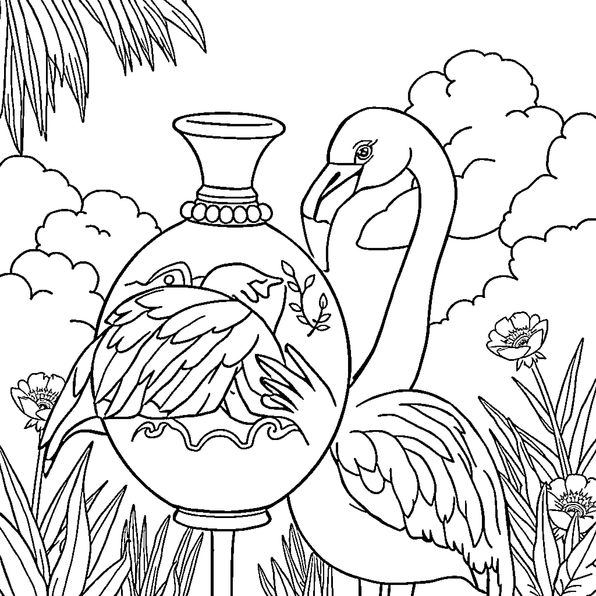 Vessel with decorative swan and floral elements Coloring Page (free black-and-white line drawing printable PDF for all, from beginners to advanced learners, including children, teens, adults, and seniors)