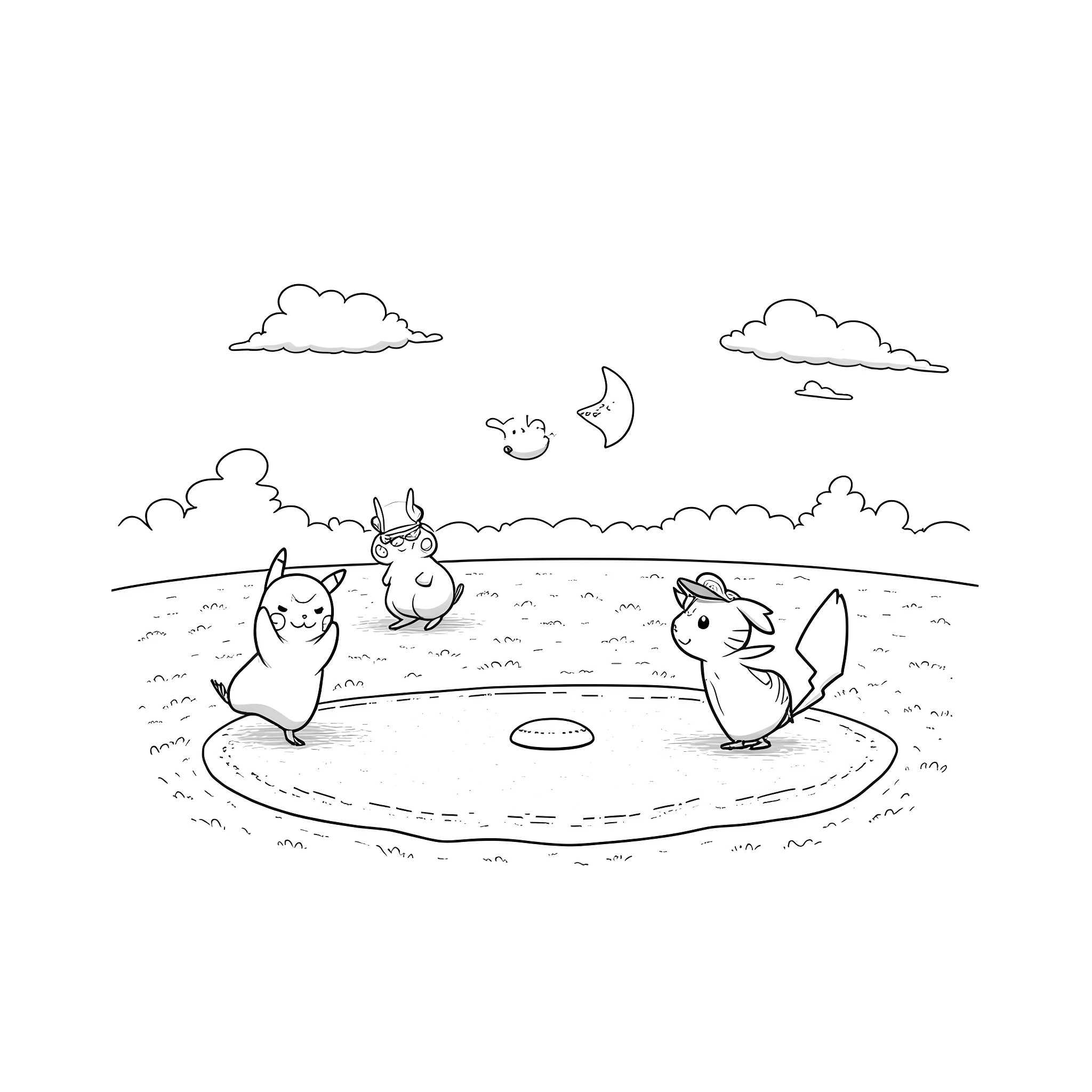 Pokémon friends playing in a field Coloring Page (free black-and-white line drawing printable PDF for all, from beginners to advanced learners, including children, teens, adults, and seniors)