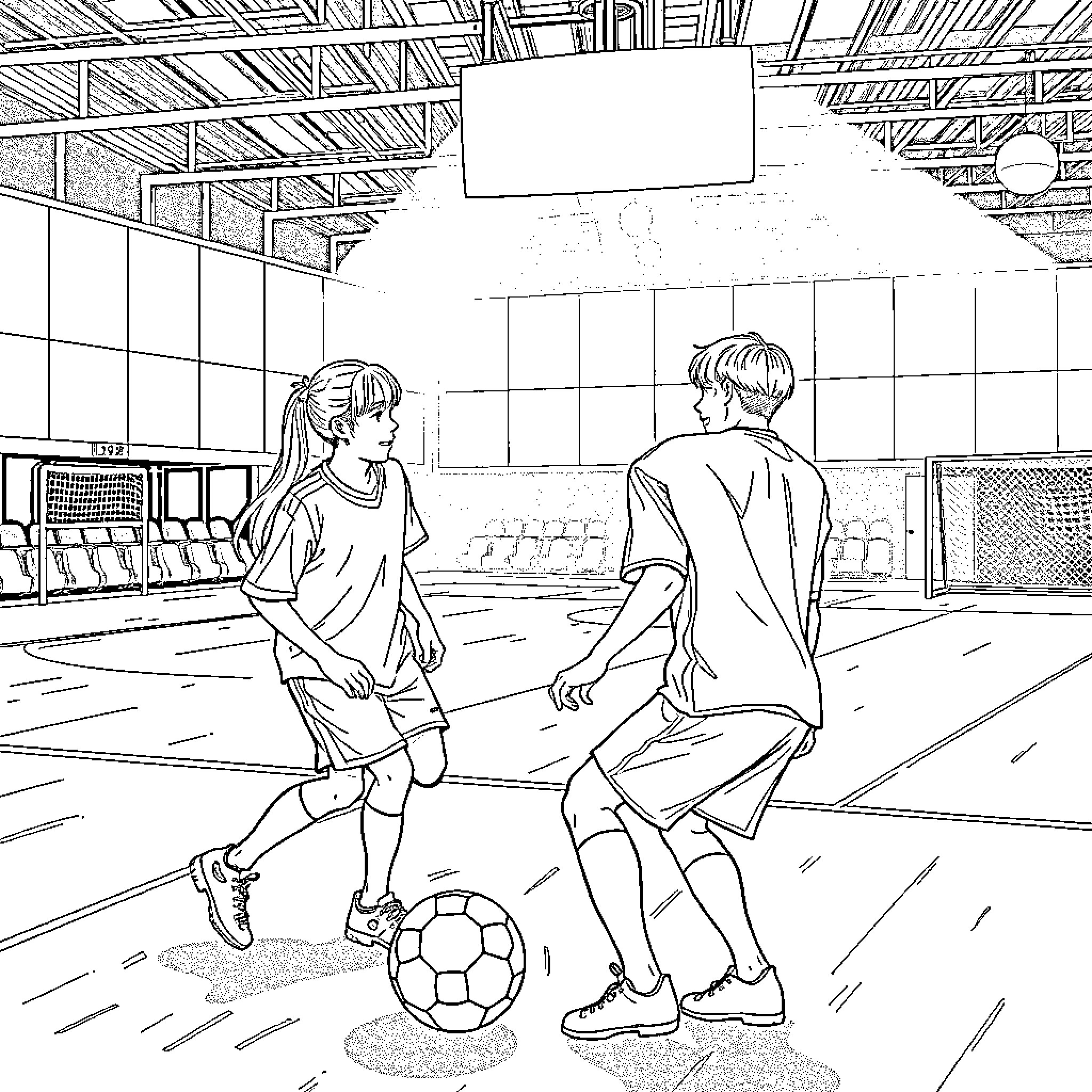 K Pop Athletes Playing Soccer in Indoor Arena Coloring Page (free black-and-white line drawing printable PDF for all, from beginners to advanced learners, including children, teens, adults, and seniors)