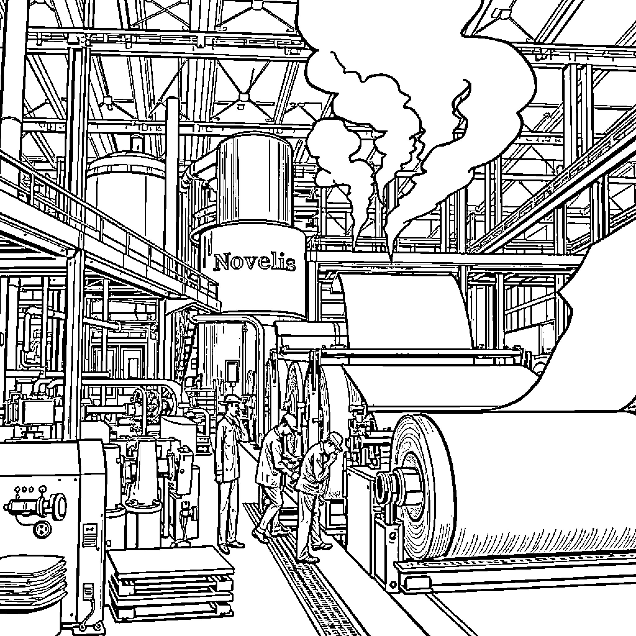 Factory Workers Toiling Amidst Industrial Machinery Coloring Page (free black-and-white line drawing printable PDF for all, from beginners to advanced learners, including children, teens, adults, and seniors)