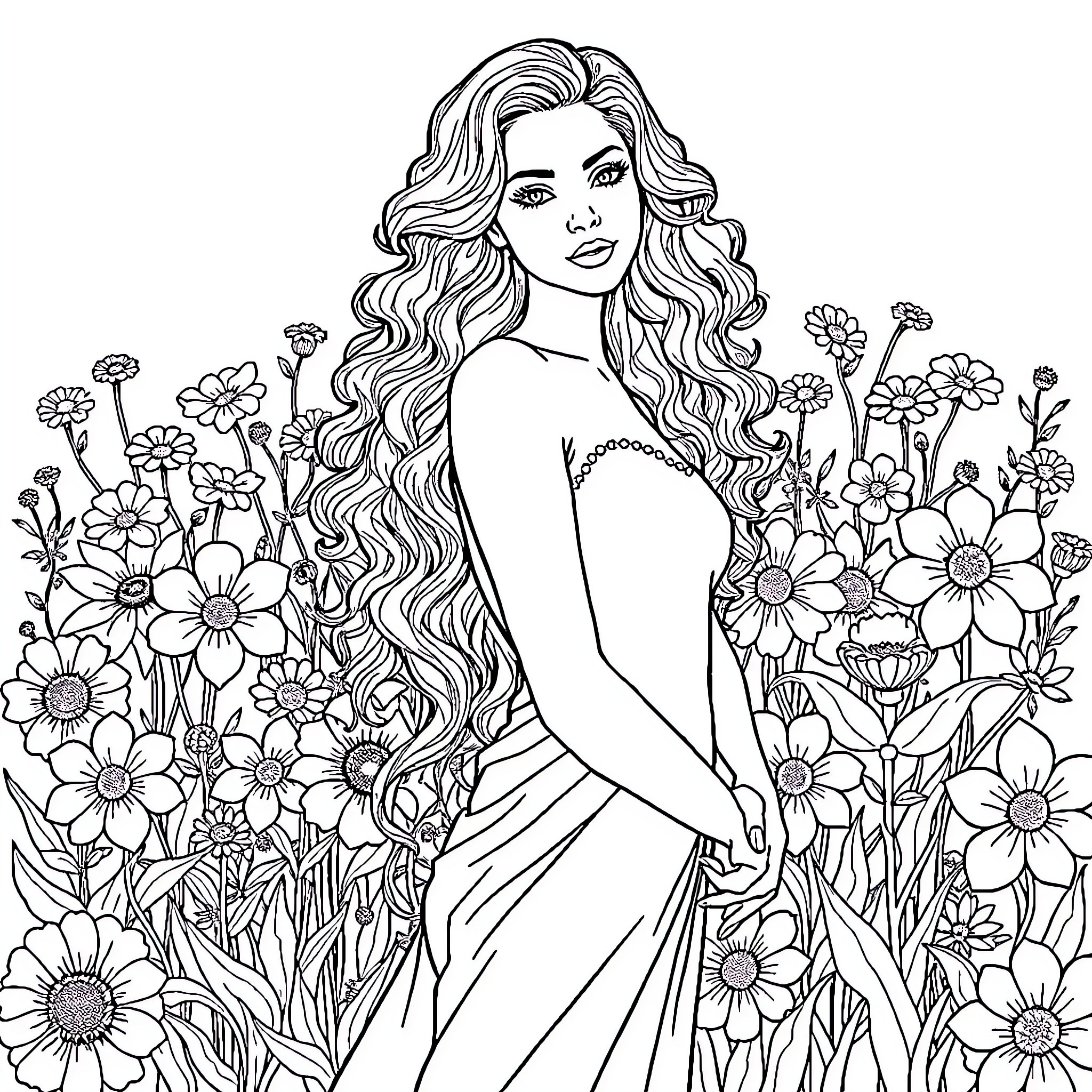 Lady surrounded by beautiful blooming flowers Coloring Page (free black-and-white line drawing printable PDF for all, from beginners to advanced learners, including children, teens, adults, and seniors)