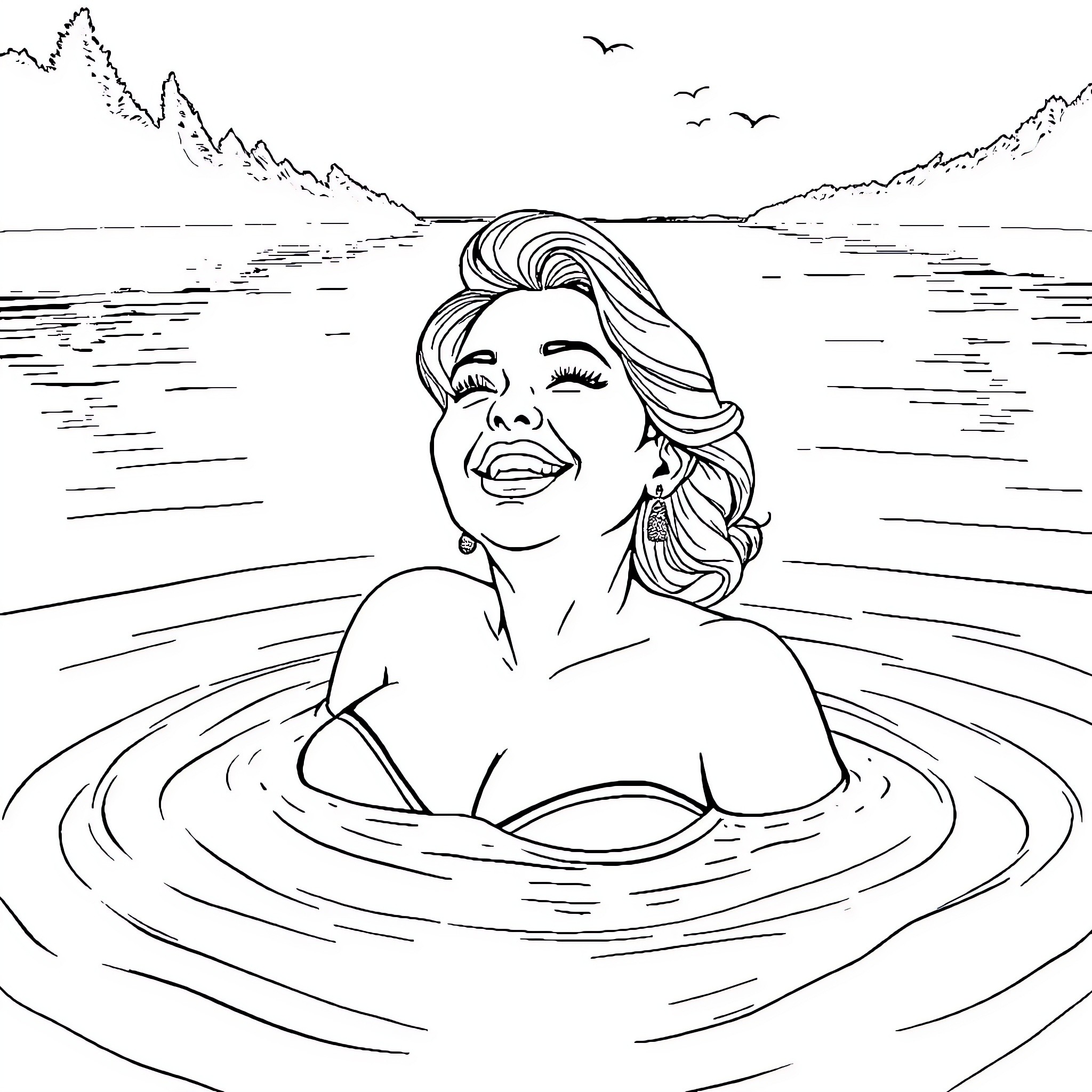 Woman enjoying the tranquil waters of a scenic lake Coloring Page (free black-and-white line drawing printable PDF for all, from beginners to advanced learners, including children, teens, adults, and seniors)