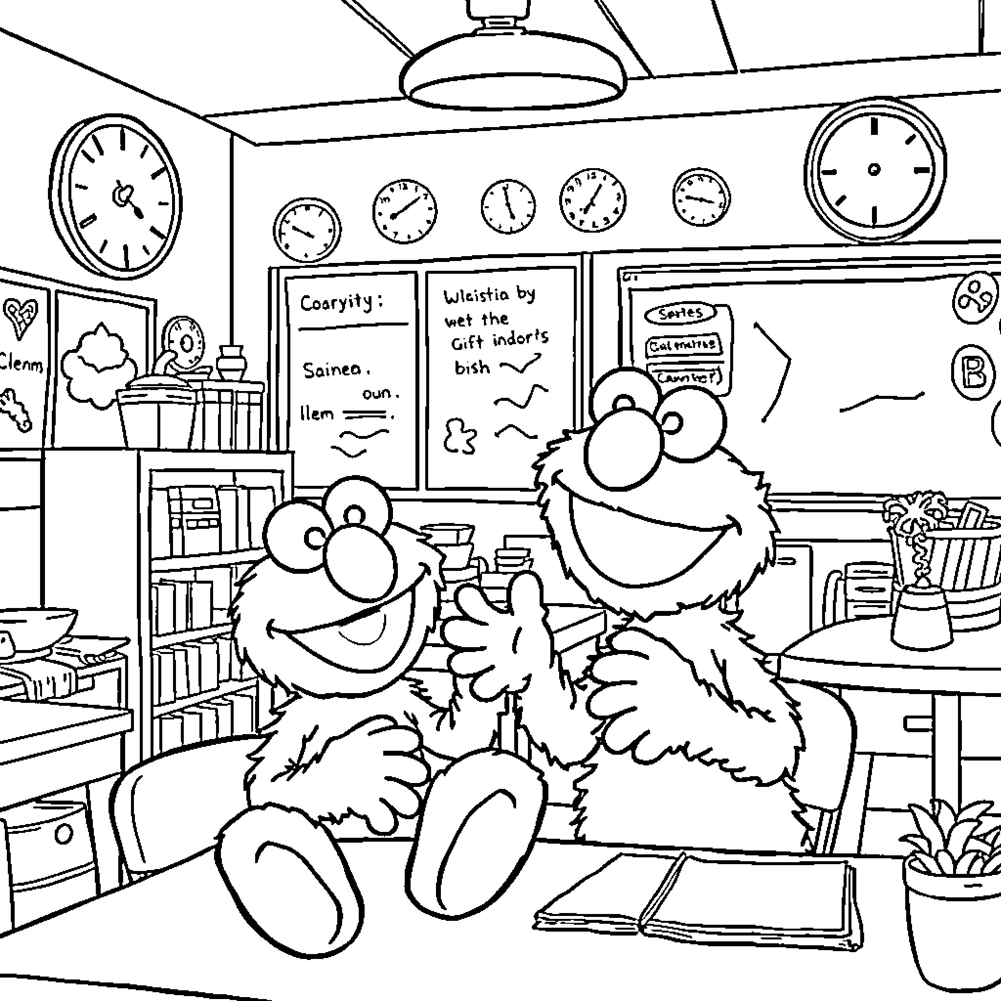 Elmo and Friends Enjoying Their Classroom Coloring Page (free black-and-white line drawing printable PDF for all, from beginners to advanced learners, including children, teens, adults, and seniors)