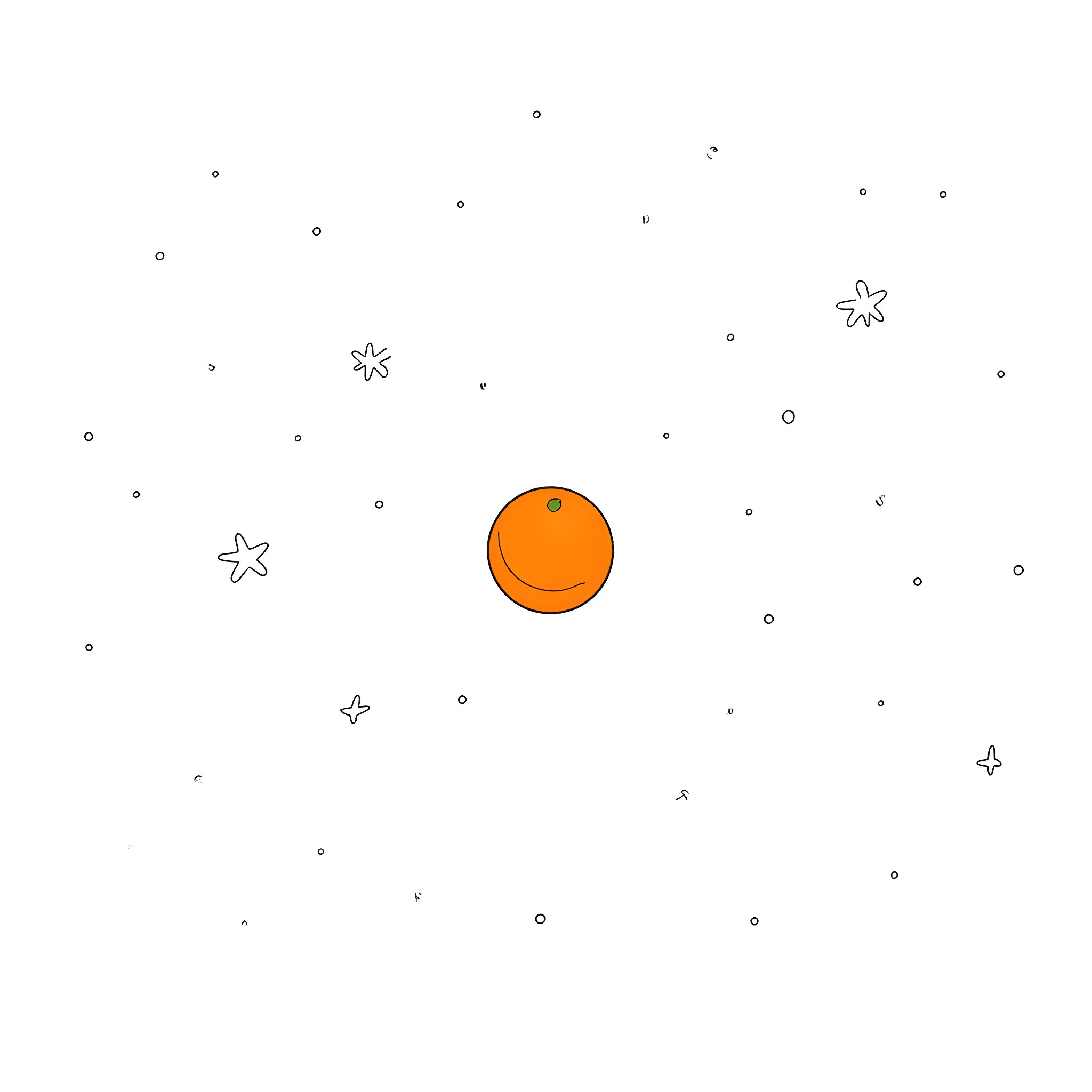 Orange celestial sphere amidst cosmic stars Coloring Page (free black-and-white line drawing printable PDF for all, from beginners to advanced learners, including children, teens, adults, and seniors)