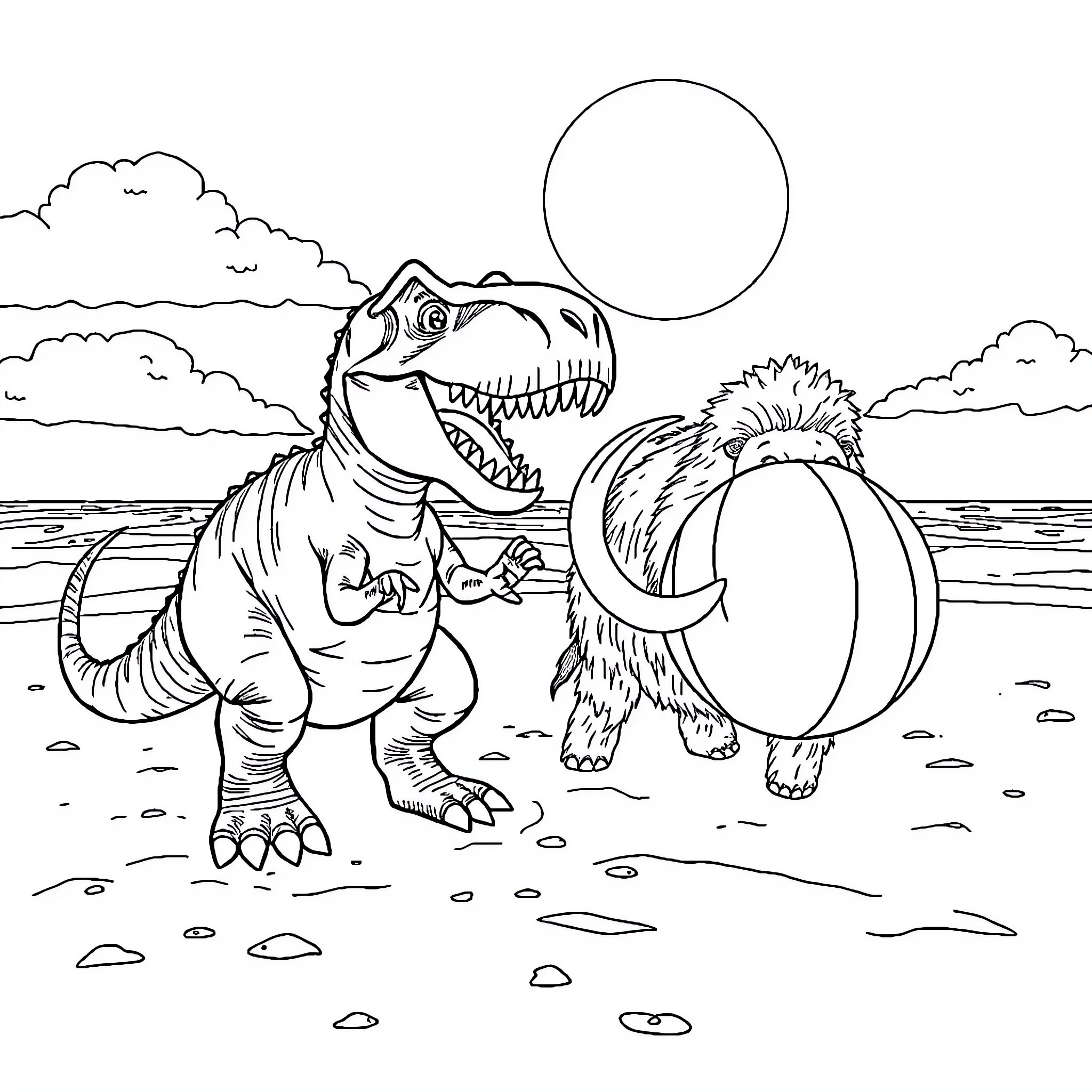 Dinosaur and Woolly Mammoth Encounter on Beach Coloring Page (free black-and-white line drawing printable PDF for all, from beginners to advanced learners, including children, teens, adults, and seniors)