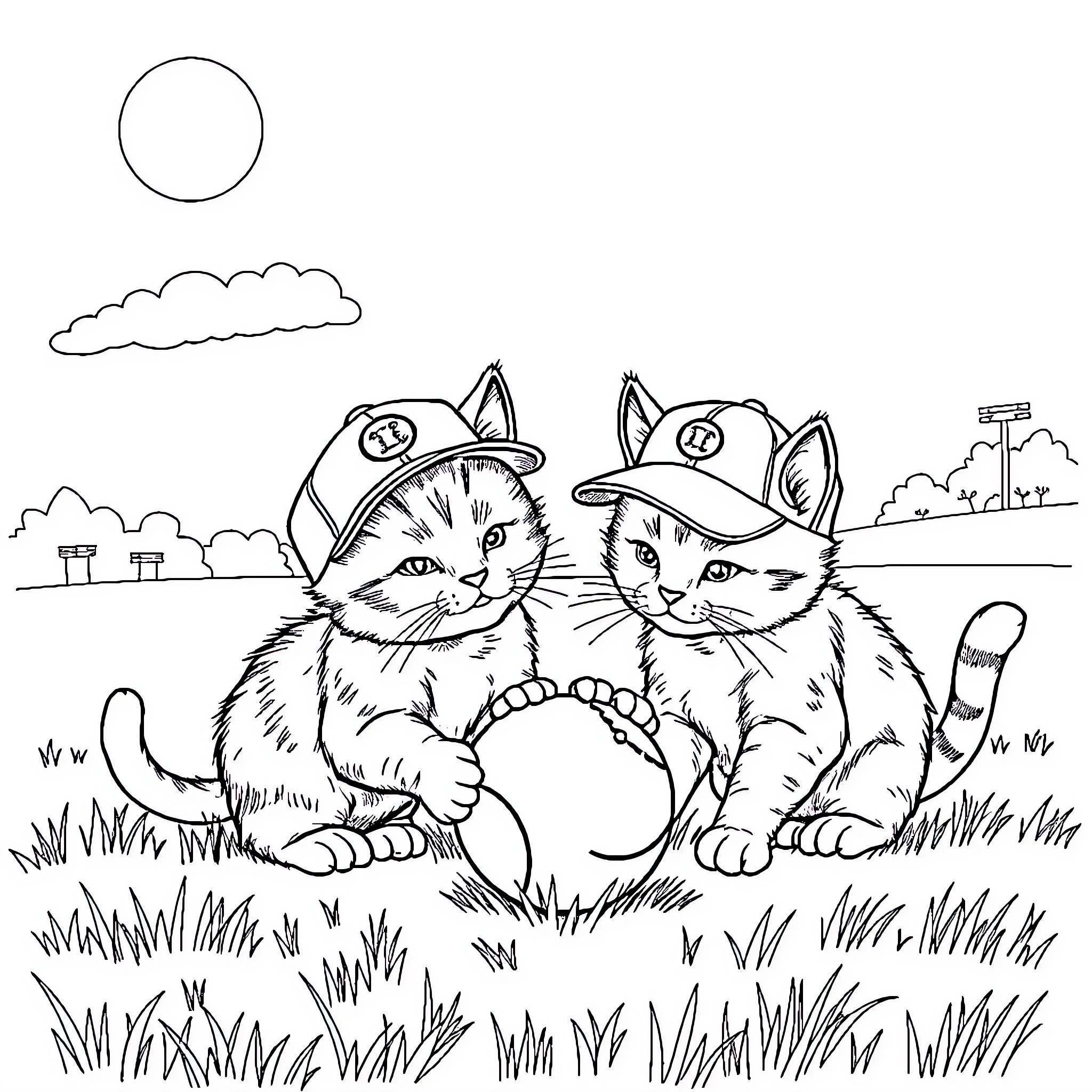 Cat firefighters in action Coloring Page (free black-and-white line drawing printable PDF for all, from beginners to advanced learners, including children, teens, adults, and seniors)