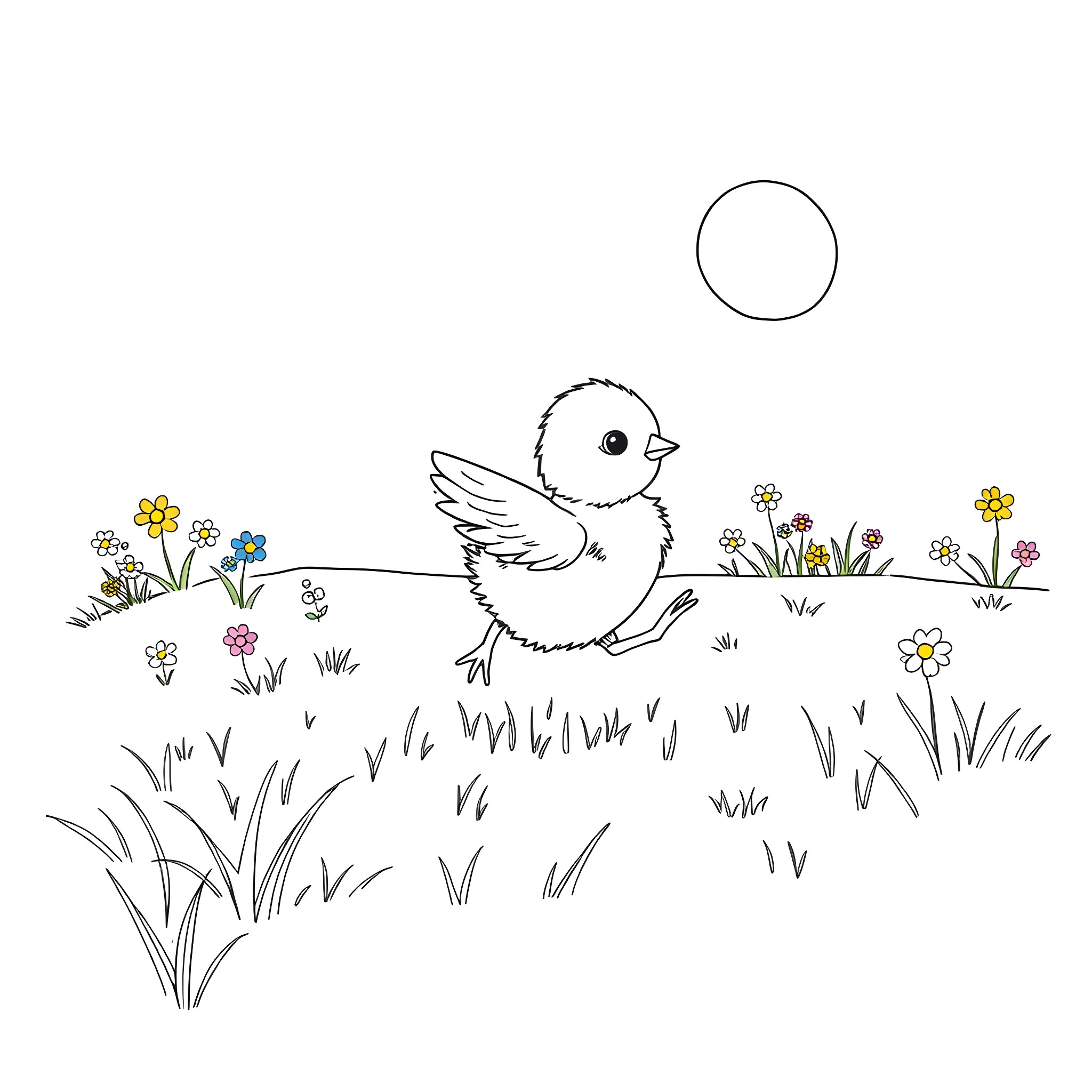 Chick exploring the garden with flowers Coloring Page (free black-and-white line drawing printable PDF for all, from beginners to advanced learners, including children, teens, adults, and seniors)