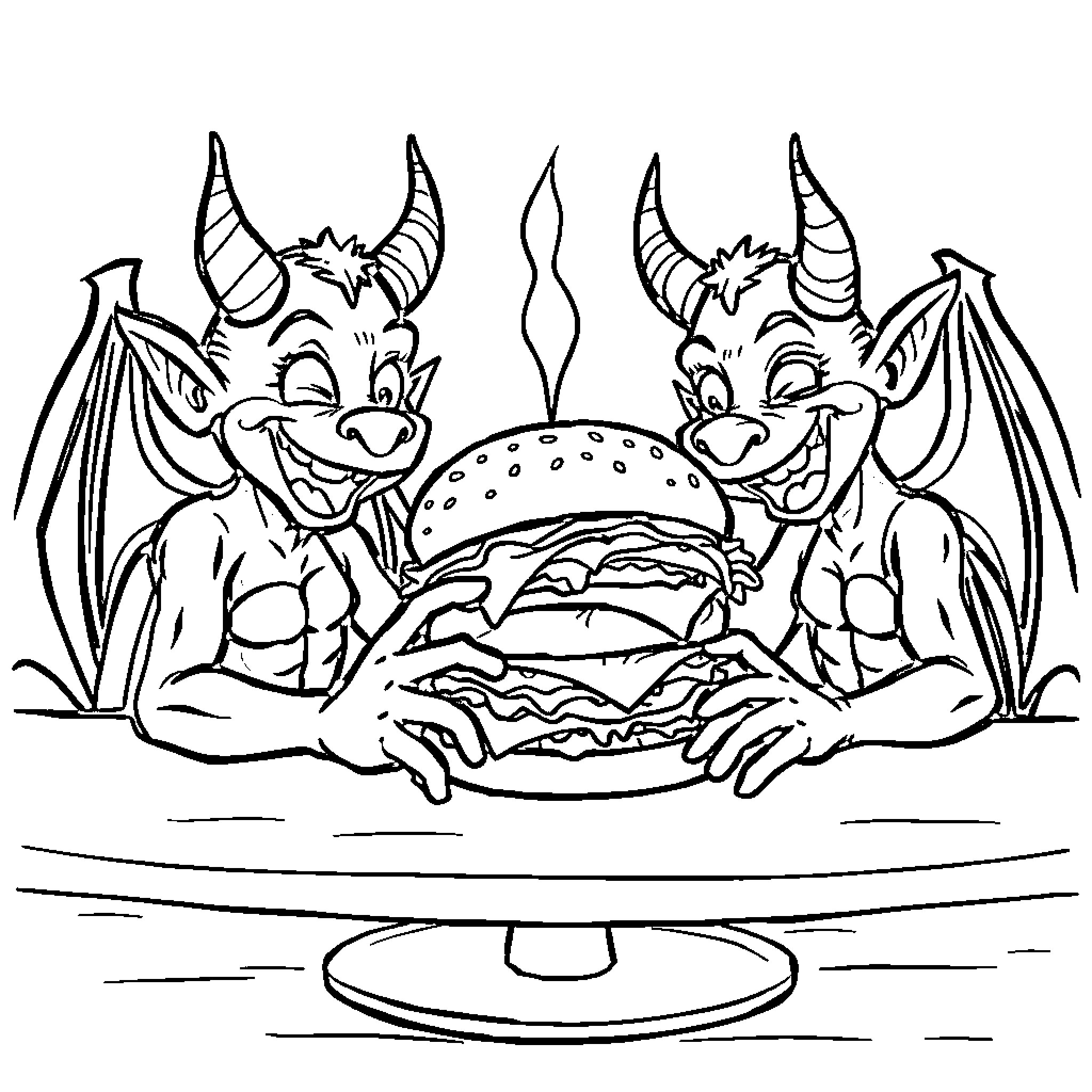 Devil Demons Feasting on a Massive Burger Coloring Page (free black-and-white line drawing printable PDF for all, from beginners to advanced learners, including children, teens, adults, and seniors)