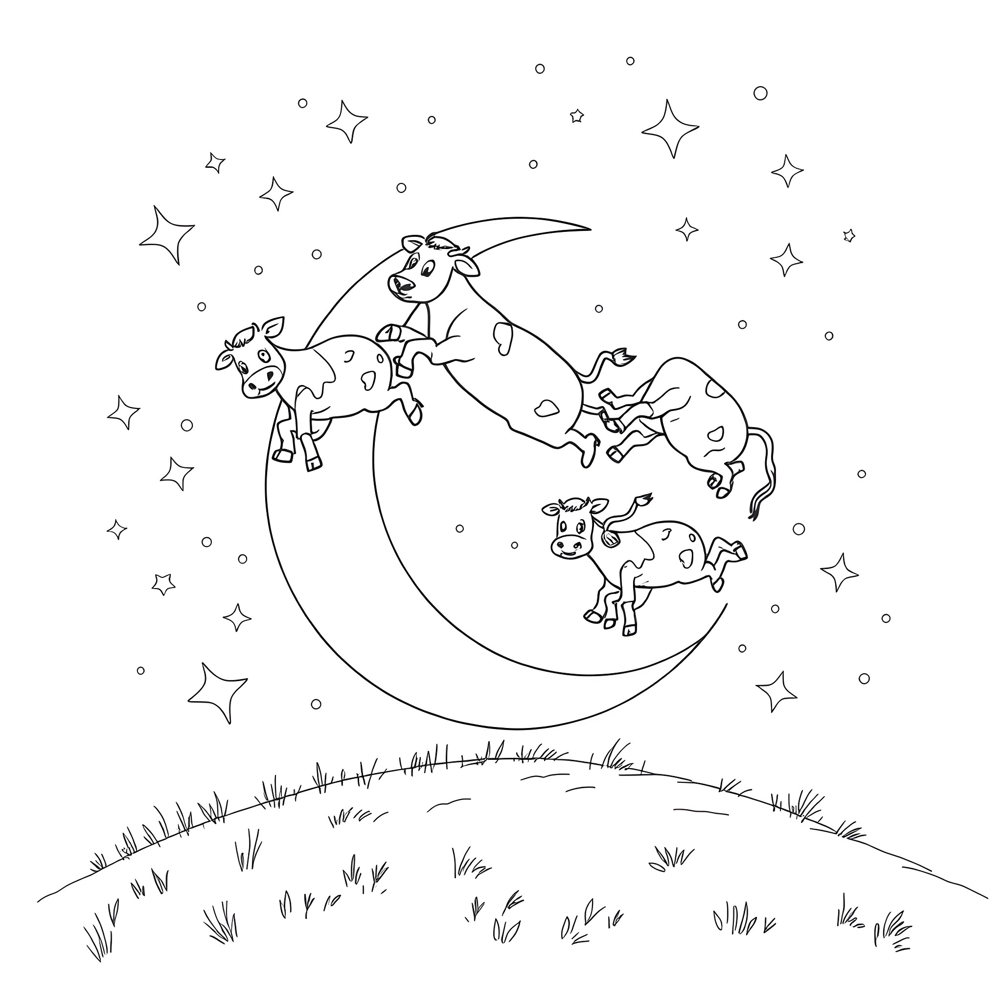 Cow jumping happily over the moon with stars Coloring Page (free black-and-white line drawing printable PDF for all, from beginners to advanced learners, including children, teens, adults, and seniors)