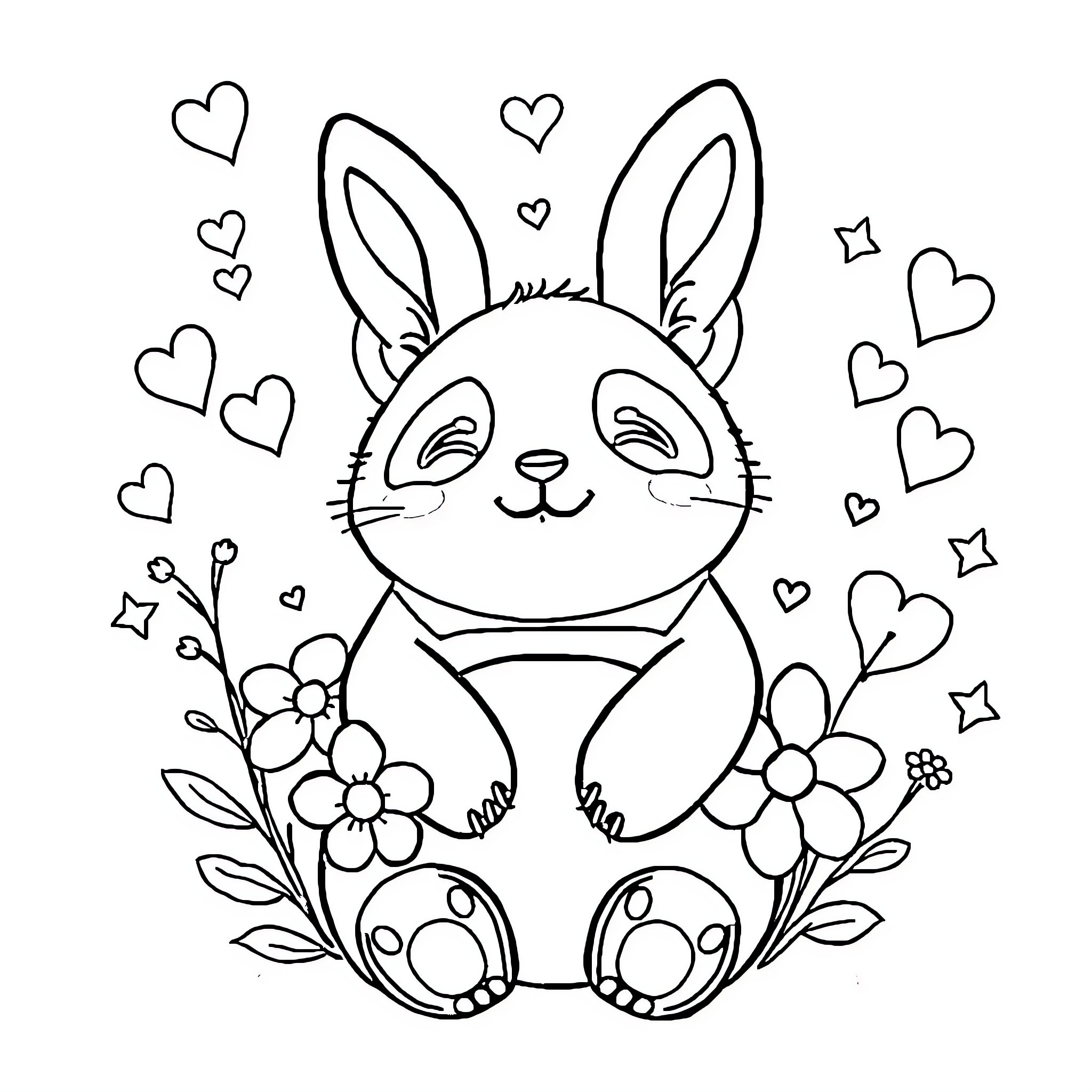 Baby Animal surrounded by hearts and flowers Coloring Page (free black-and-white line drawing printable PDF for all, from beginners to advanced learners, including children, teens, adults, and seniors)