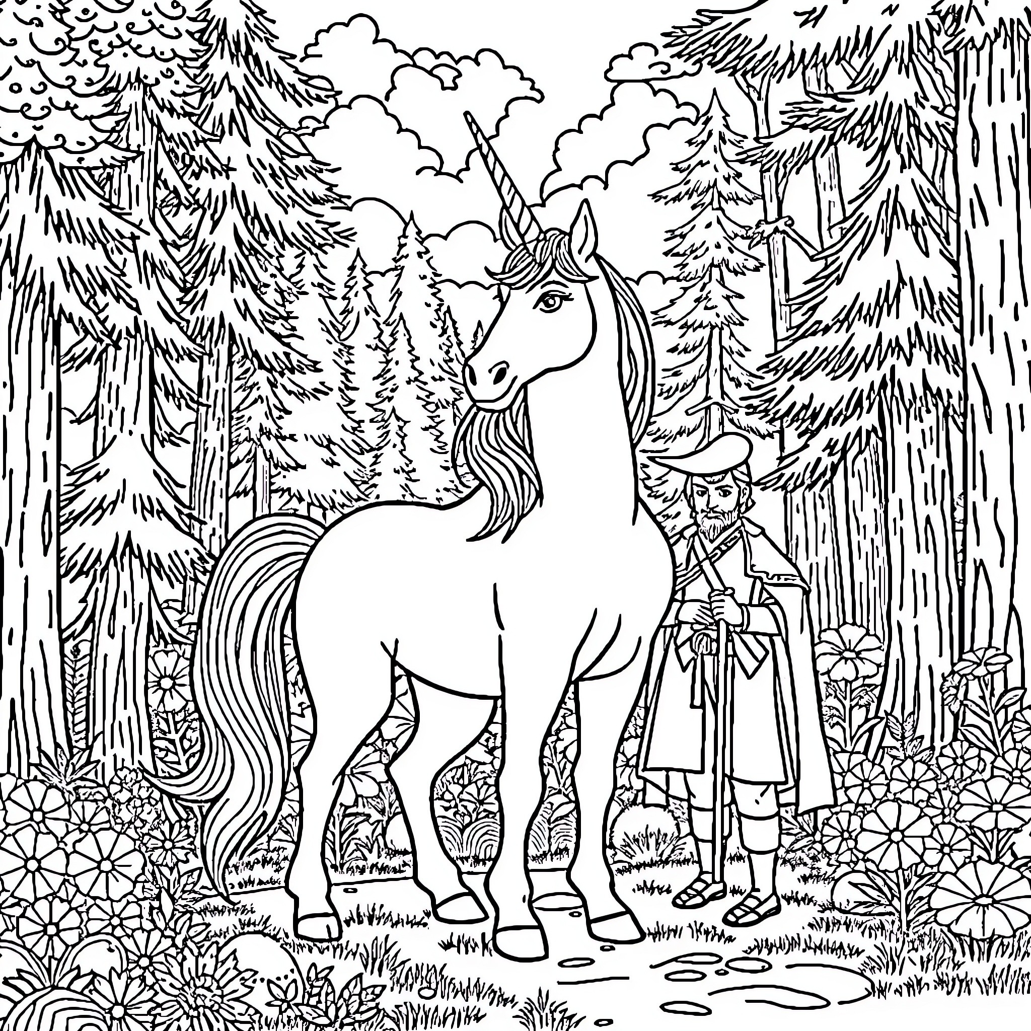 Unicorn in a Magical Forest Coloring Page (free black-and-white line drawing printable PDF for all, from beginners to advanced learners, including children, teens, adults, and seniors)