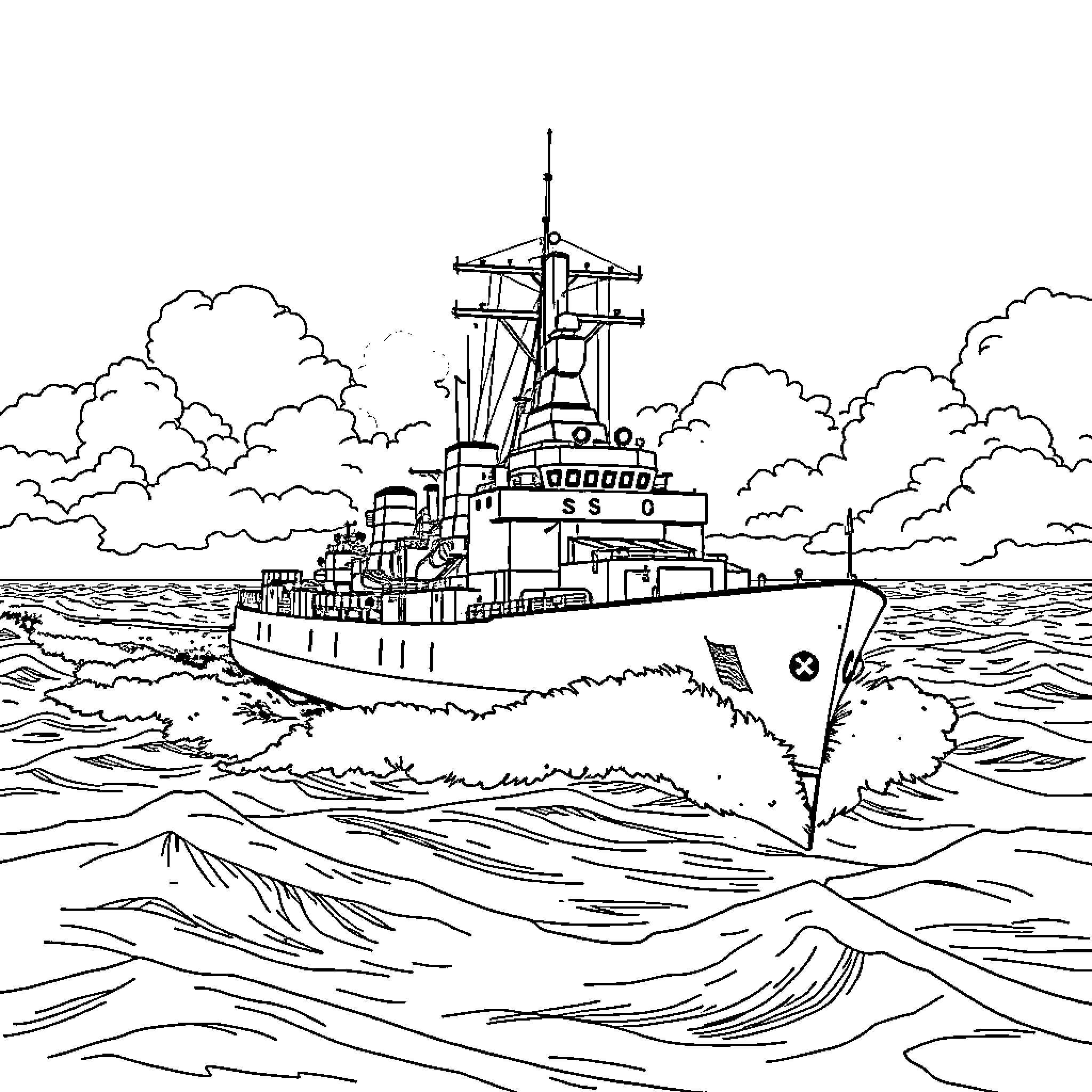 Uss United States sailing through stormy seas Coloring Page (free black-and-white line drawing printable PDF for all, from beginners to advanced learners, including children, teens, adults, and seniors)