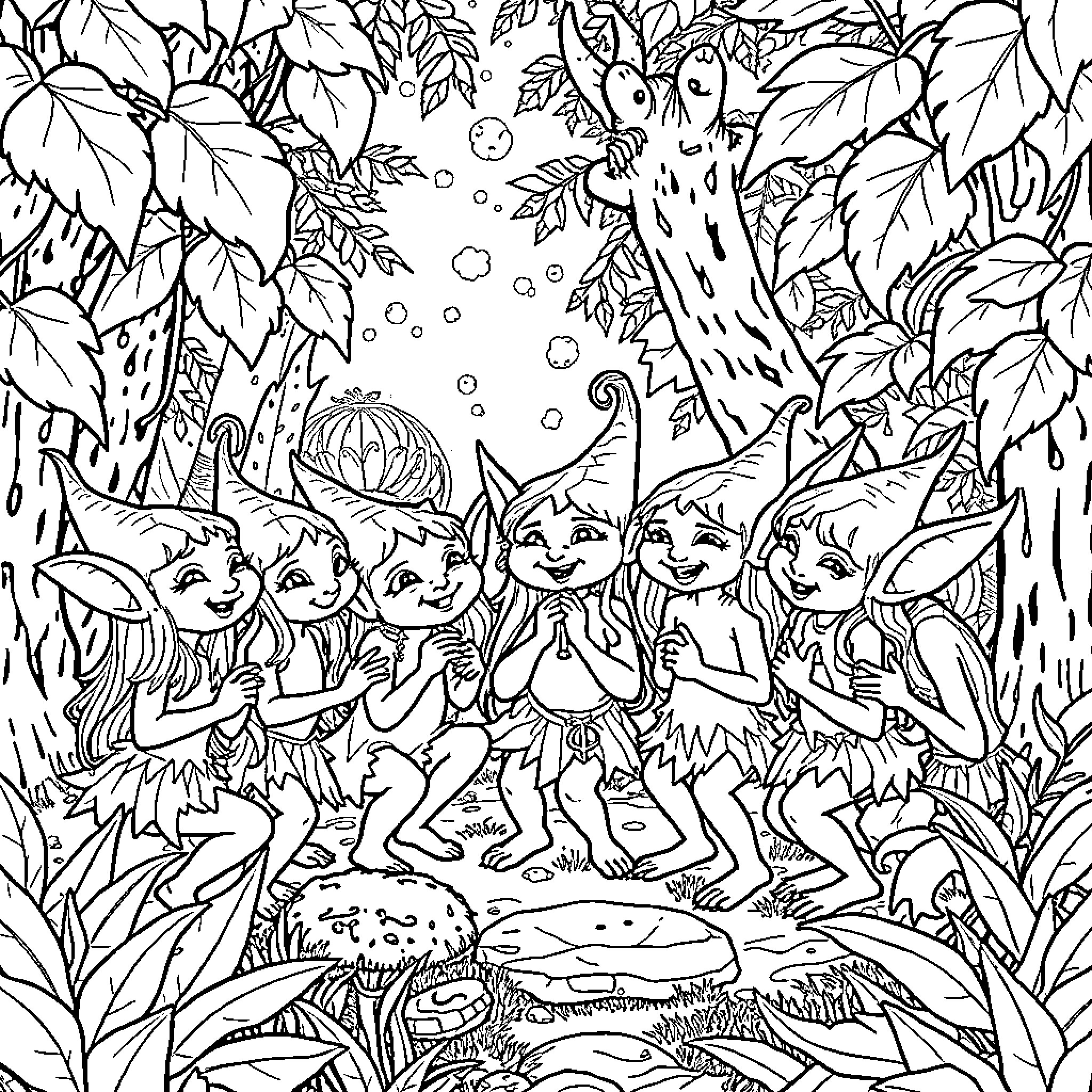 Gelfling creatures dancing in enchanted forest Coloring Page (free black-and-white line drawing printable PDF for all, from beginners to advanced learners, including children, teens, adults, and seniors)