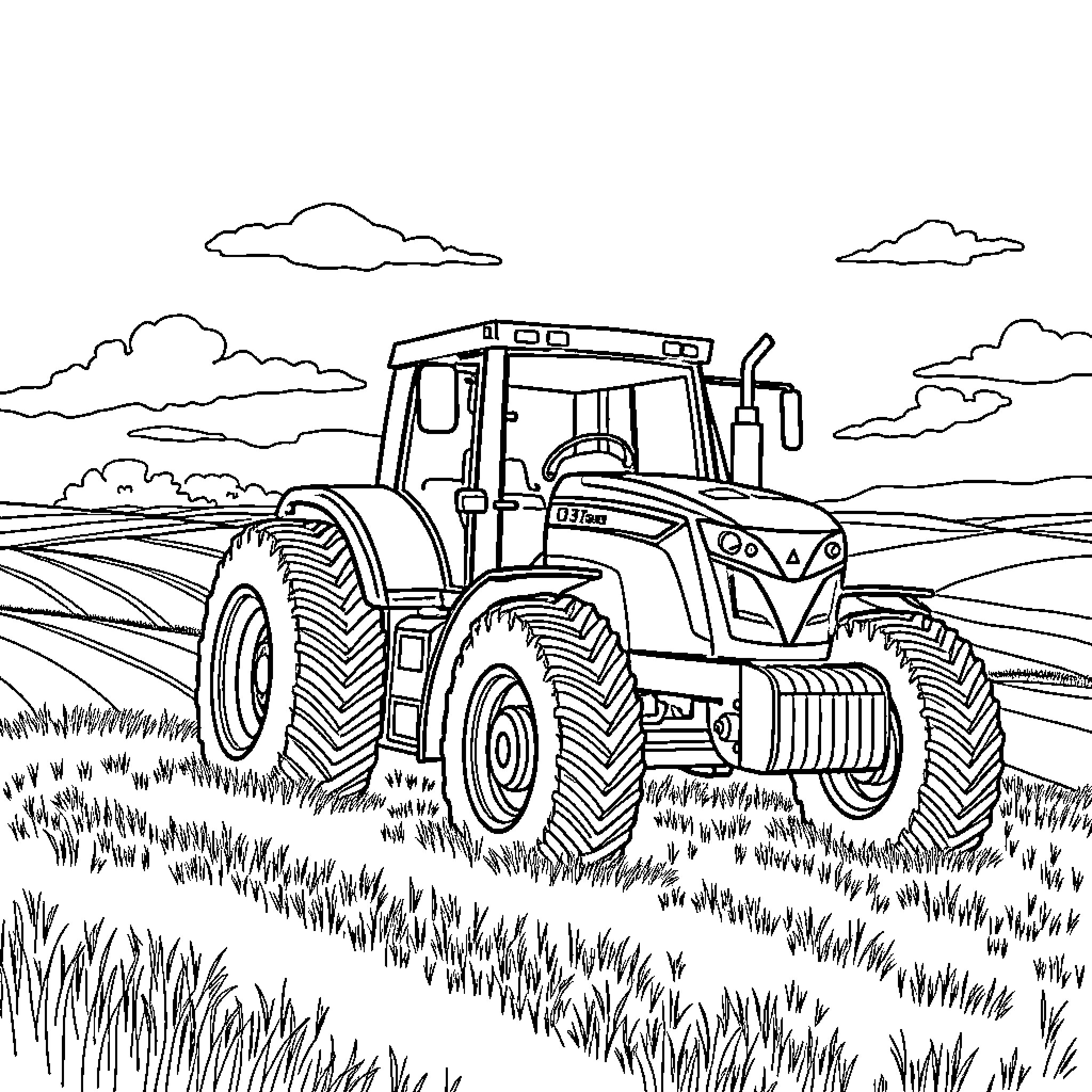 Tractor working in the agricultural field Coloring Page (free black-and-white line drawing printable PDF for all, from beginners to advanced learners, including children, teens, adults, and seniors)