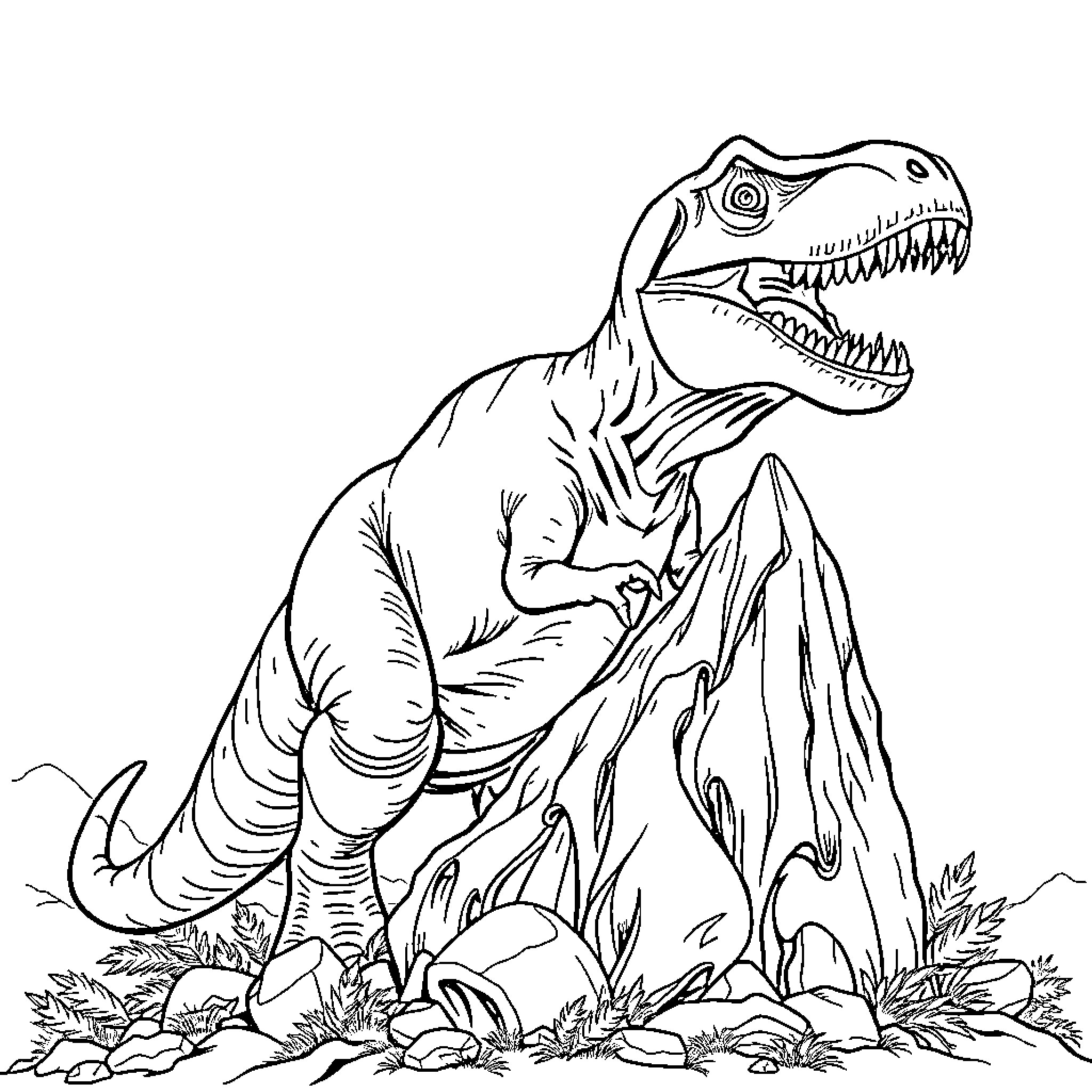 T-Rex roaring fiercely in a prehistoric landscape Coloring Page (free black-and-white line drawing printable PDF for all, from beginners to advanced learners, including children, teens, adults, and seniors)