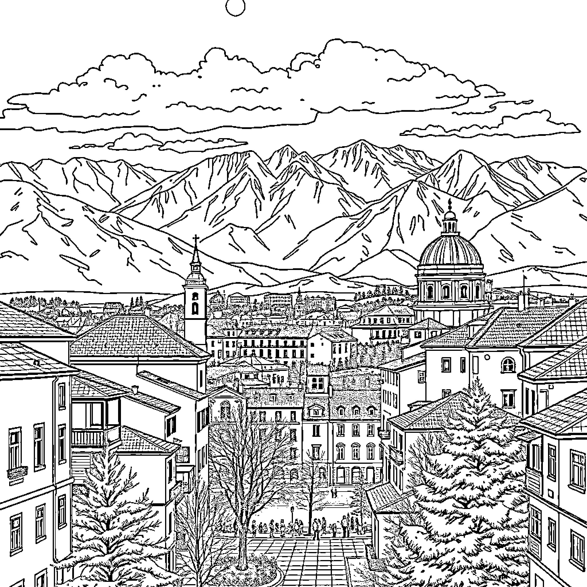 Sarajevo cityscape with majestic mountain backdrop Coloring Page (free black-and-white line drawing printable PDF for all, from beginners to advanced learners, including children, teens, adults, and seniors)