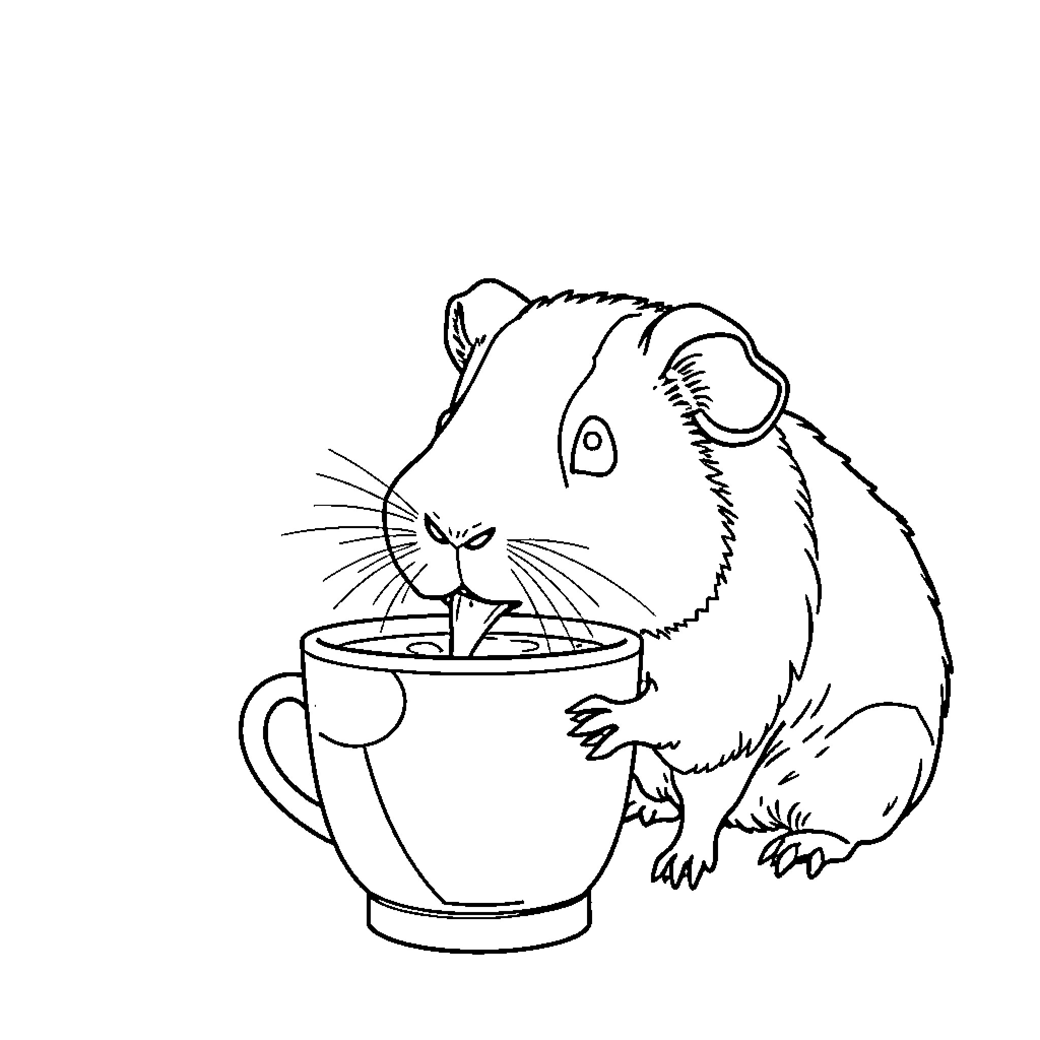 Guinea Pig Enjoying a Warm Drink Coloring Page (free black-and-white line drawing printable PDF for all, from beginners to advanced learners, including children, teens, adults, and seniors)