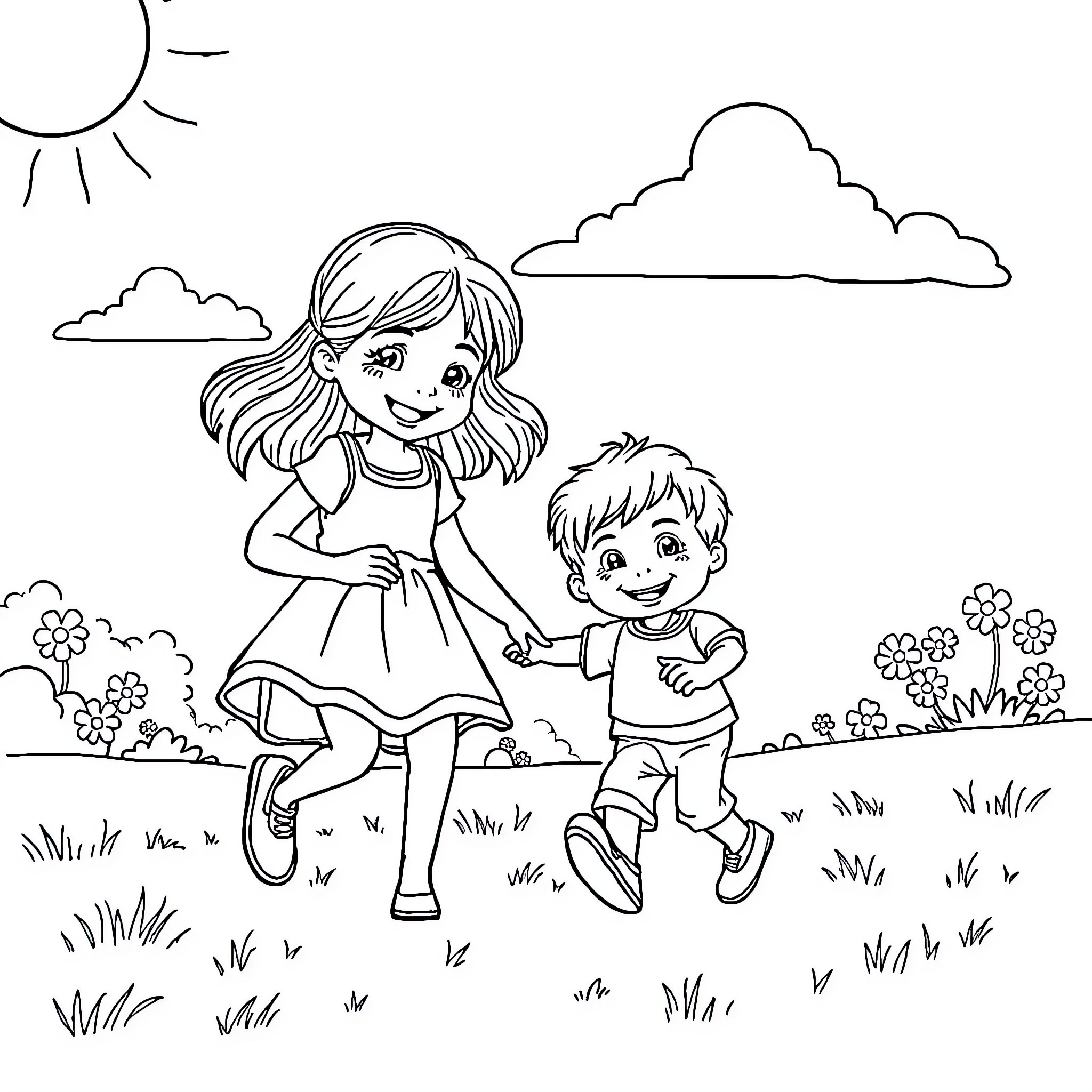 Siblings playing joyfully outdoors Coloring Page (free black-and-white line drawing printable PDF for all, from beginners to advanced learners, including children, teens, adults, and seniors)