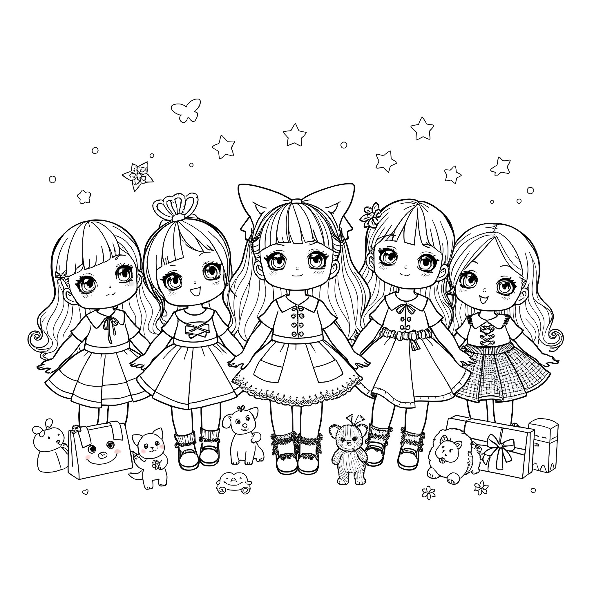 Dolls playing with cute animals and toys Coloring Page (free black-and-white line drawing printable PDF for all, from beginners to advanced learners, including children, teens, adults, and seniors)