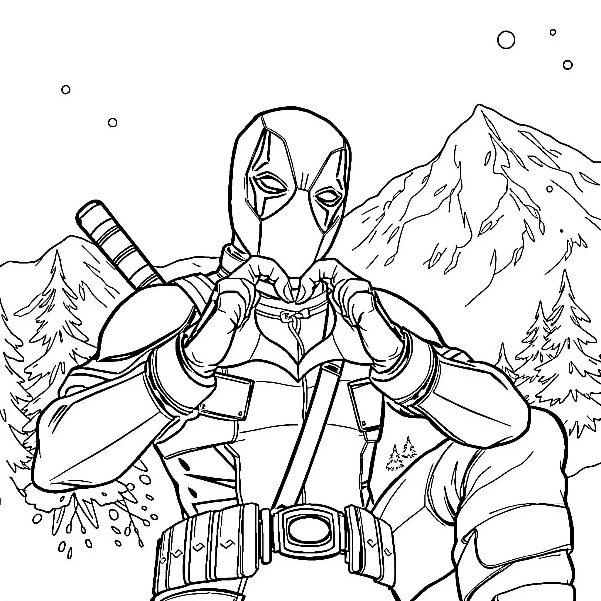 Deadpool in action-packed adventure Coloring Page (free black-and-white line drawing printable PDF for all, from beginners to advanced learners, including children, teens, adults, and seniors)