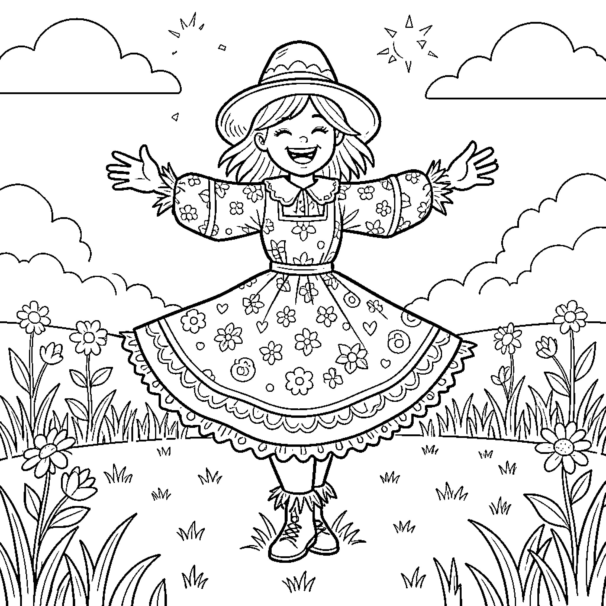 Scarecrow in a Flower Field with Joyful Expressions Coloring Page (free black-and-white line drawing printable PDF for all, from beginners to advanced learners, including children, teens, adults, and seniors)