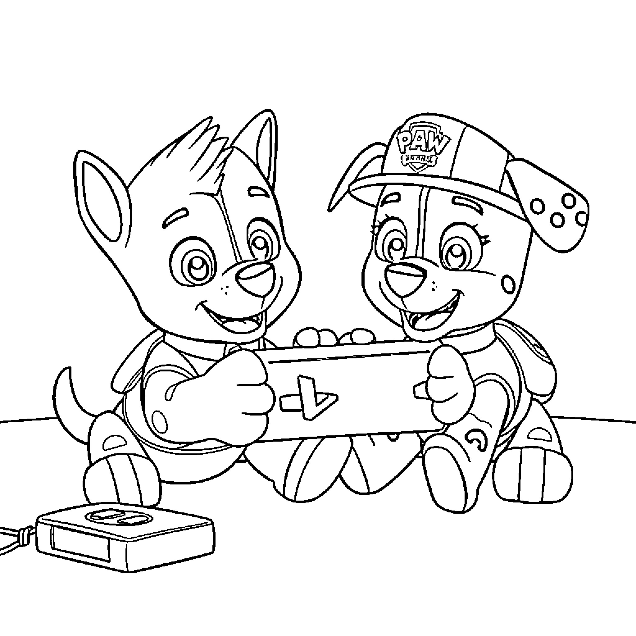 Paw Patrol characters playing video games Coloring Page (free black-and-white line drawing printable PDF for all, from beginners to advanced learners, including children, teens, adults, and seniors)