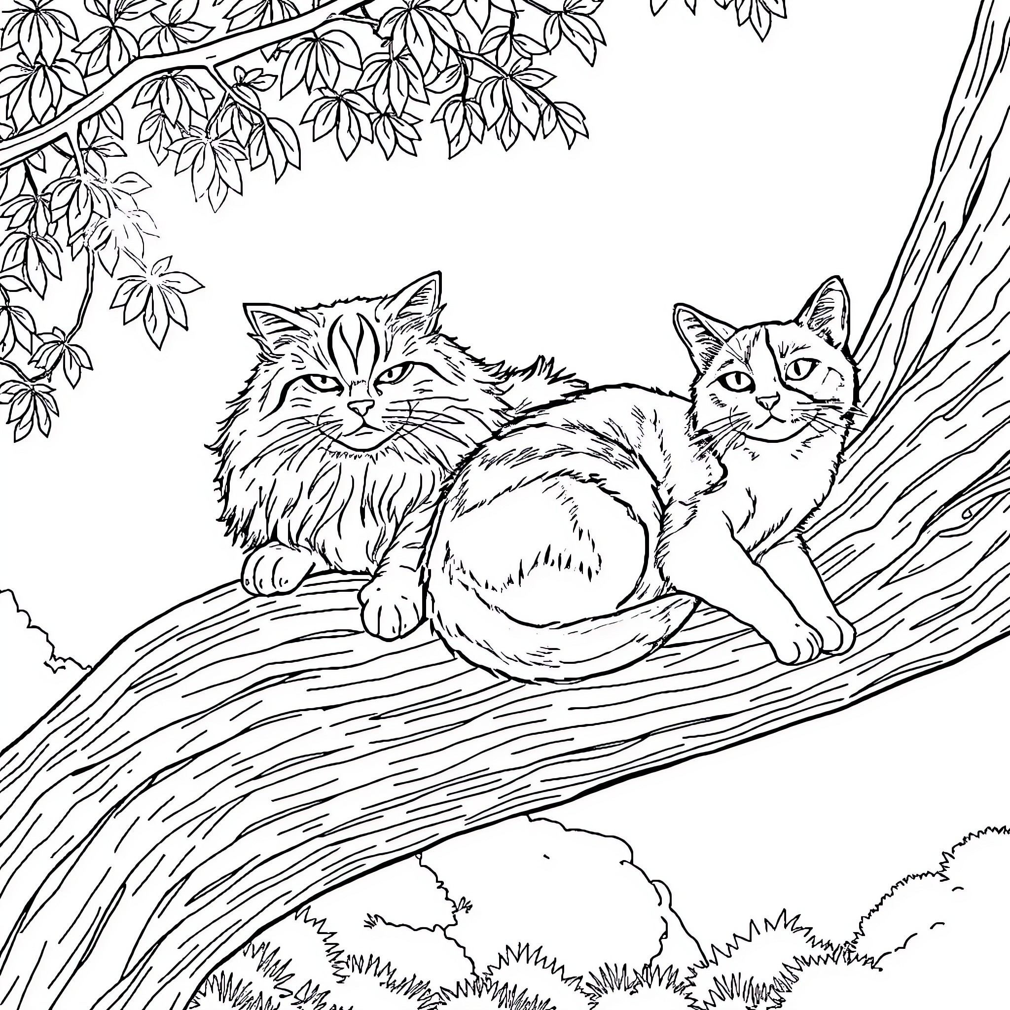 Cats Resting Peacefully in Nature Coloring Page (free black-and-white line drawing printable PDF for all, from beginners to advanced learners, including children, teens, adults, and seniors)